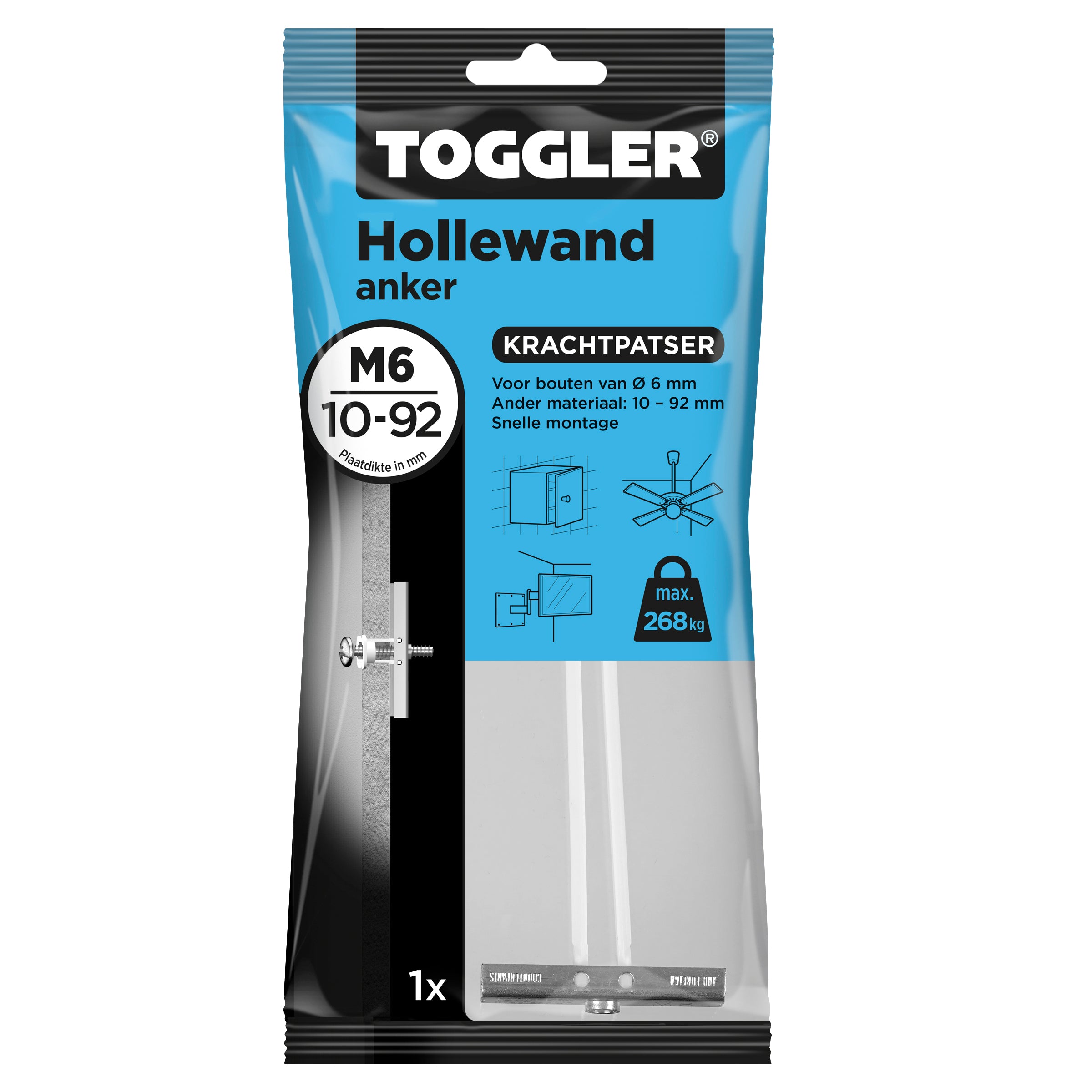 Toggler hollewandanker M6 plaatdikte 9,5-92mm 1st.