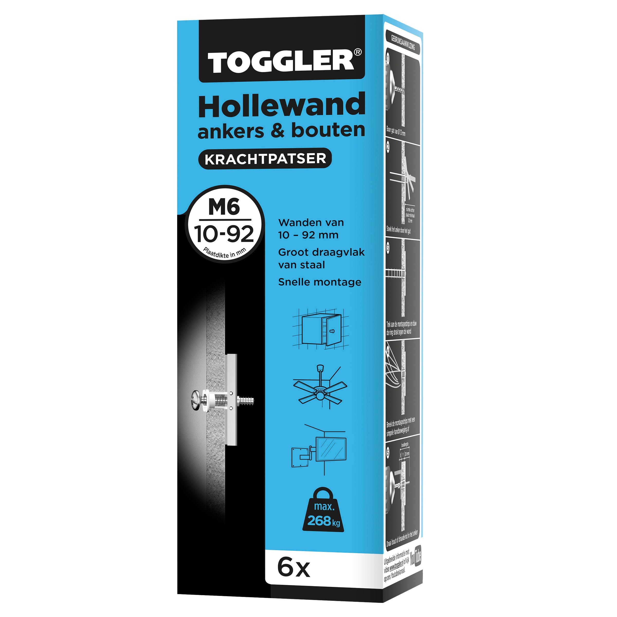 Toggler hollewandanker + bout M6 plaatdikte 9,5-92mm 6st.