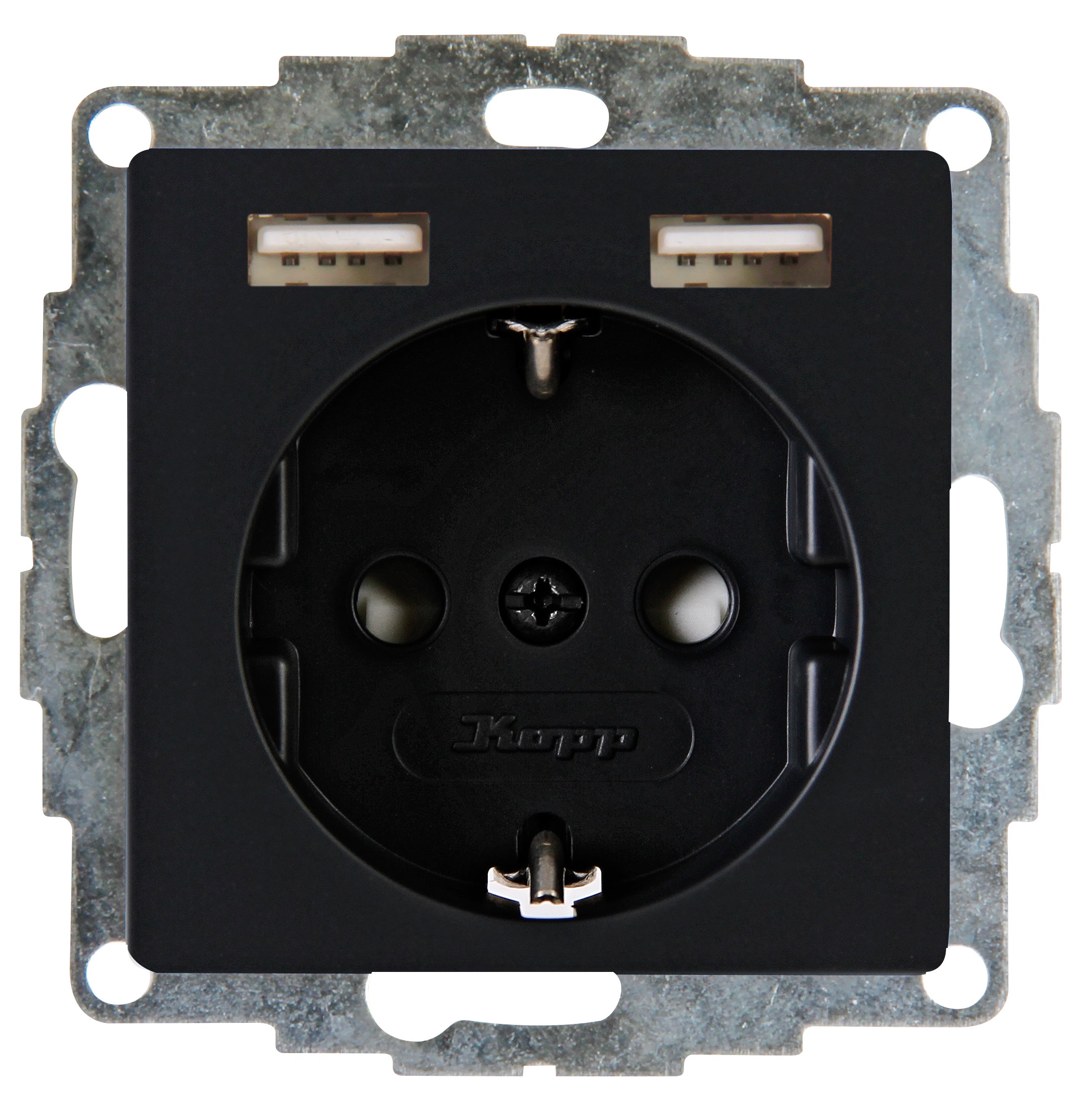 Kopp inbouwstopcontact Athenis 1-polig randaarde + 2 USB zwart IP20