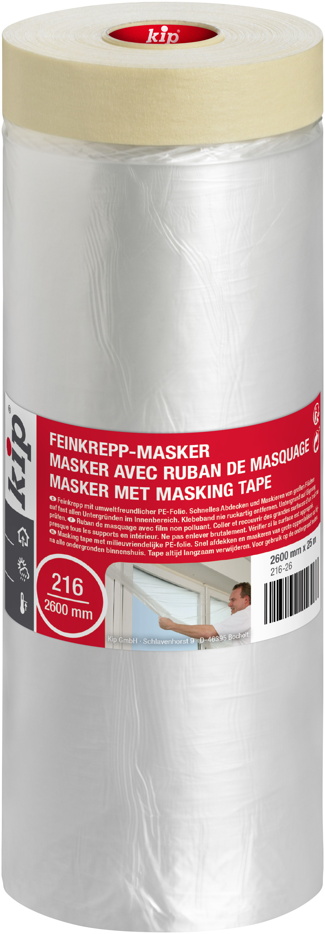 Kip 216 MASKING-TEC Masker heeft een hoogwaardige masking tape met milieuvriendelijke PE-afdekfolie. Ideaal voor snel afdekken en maskeren van grote oppervlakken.