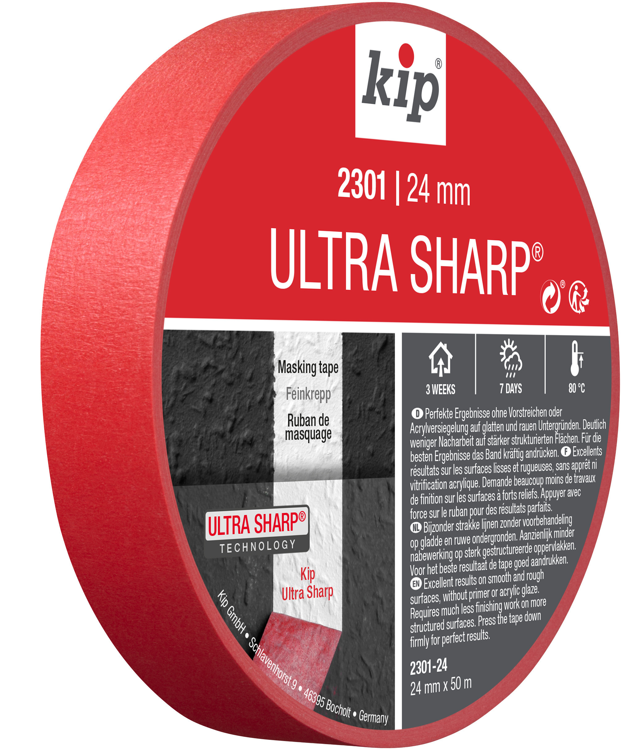 Kip Ultra Sharp, voor scherpe verflijnen zonder voorbehandeling, ook op ruwe ondergronden. Goede kleefkracht. UV-bestendig. FSC-gecertificeerd.