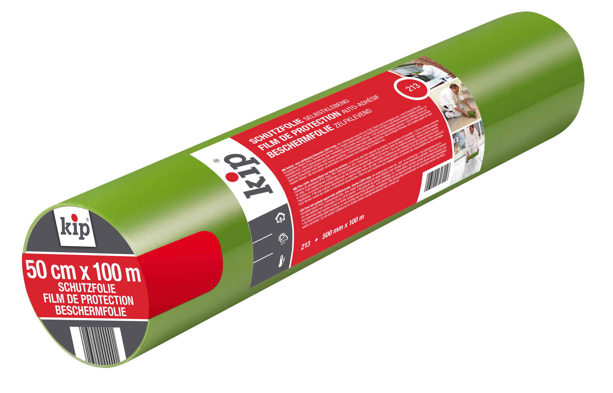 Kip 213 Beschermfolie is zelfklevend over het gehele oppervlak. Voor professionele bescherming tijdens schilder-en stukadoorwerkzaamheden en gevelreiniging.