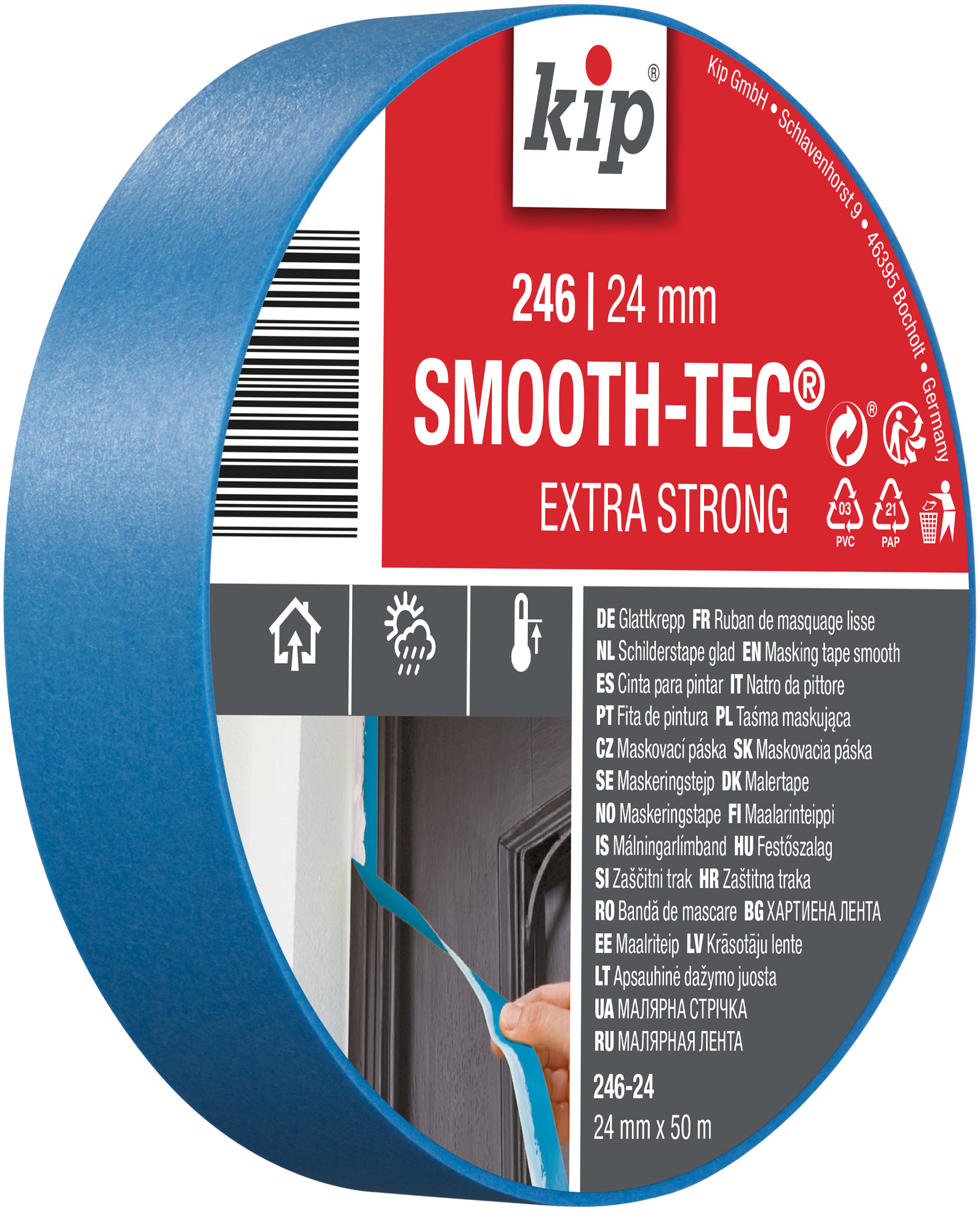 Kip SMOOTH-TEC Extra Strong, voor scherpe verflijnen buitenshuis. Zeer geschikt voor lakverf en vernis.