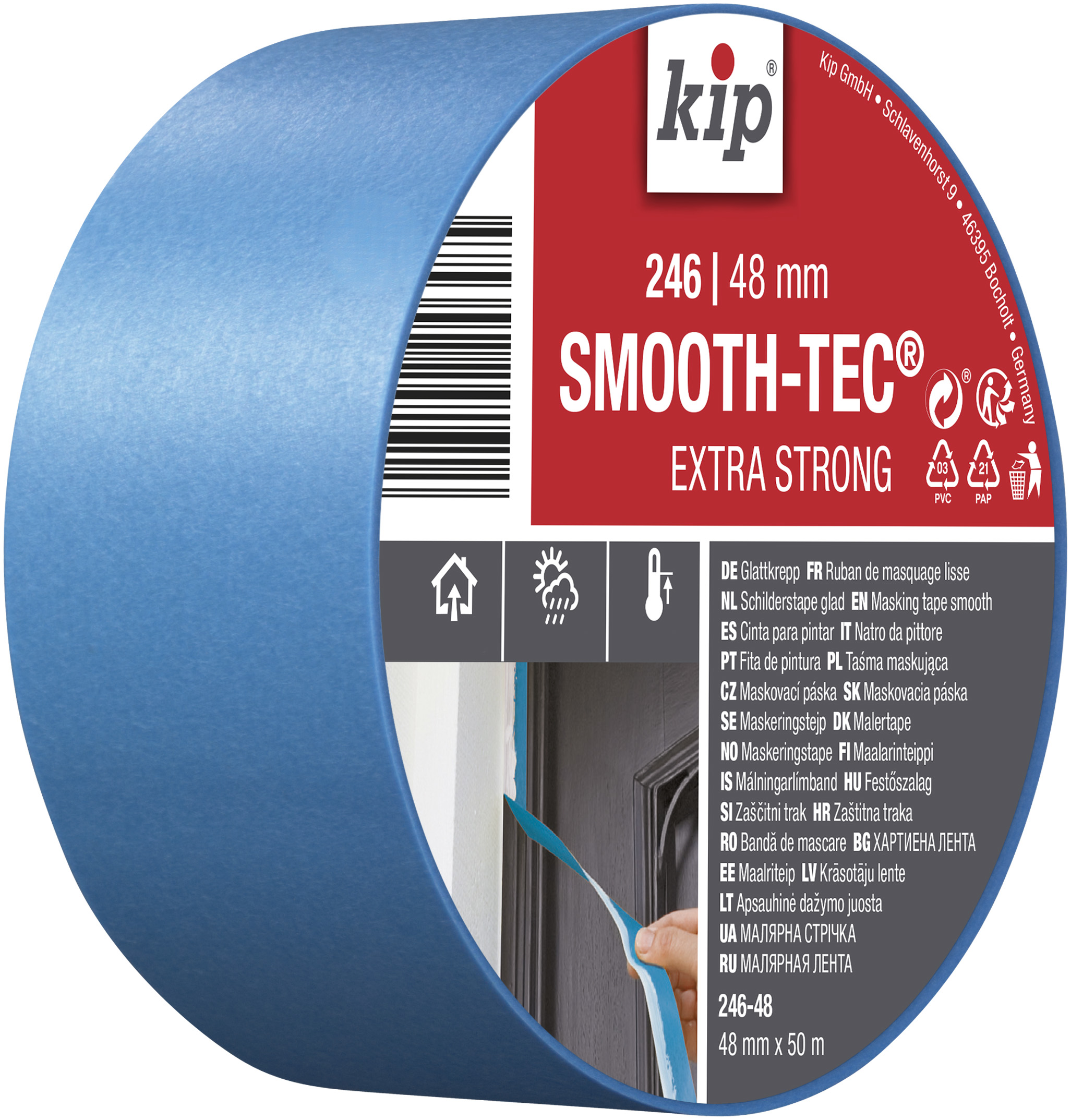 Kip SMOOTH-TEC Extra Strong, voor scherpe verflijnen buitenshuis. Zeer geschikt voor lakverf en vernis.