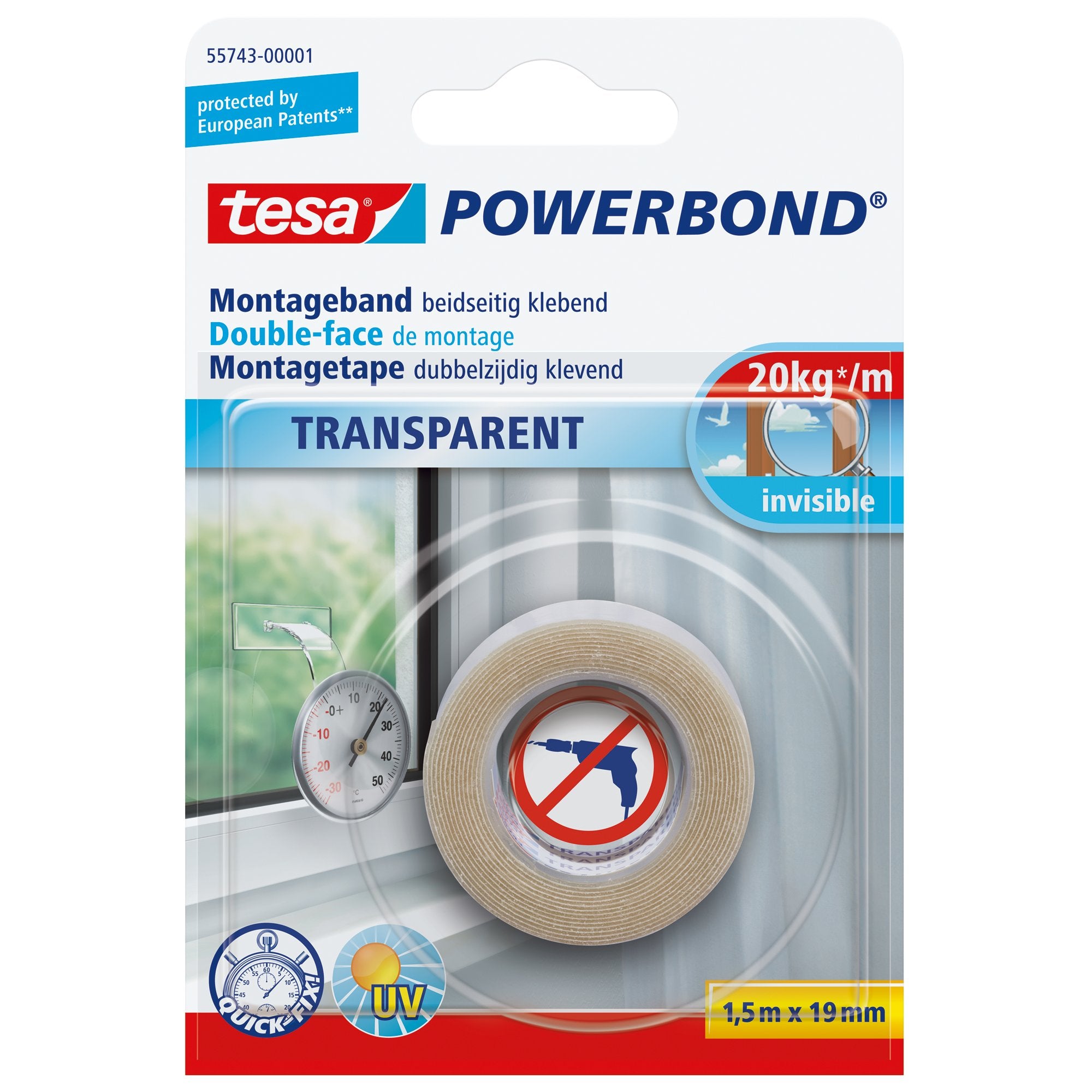 Tesa dubbelzijdige tape Powerbond transparant 1,5mx19mm