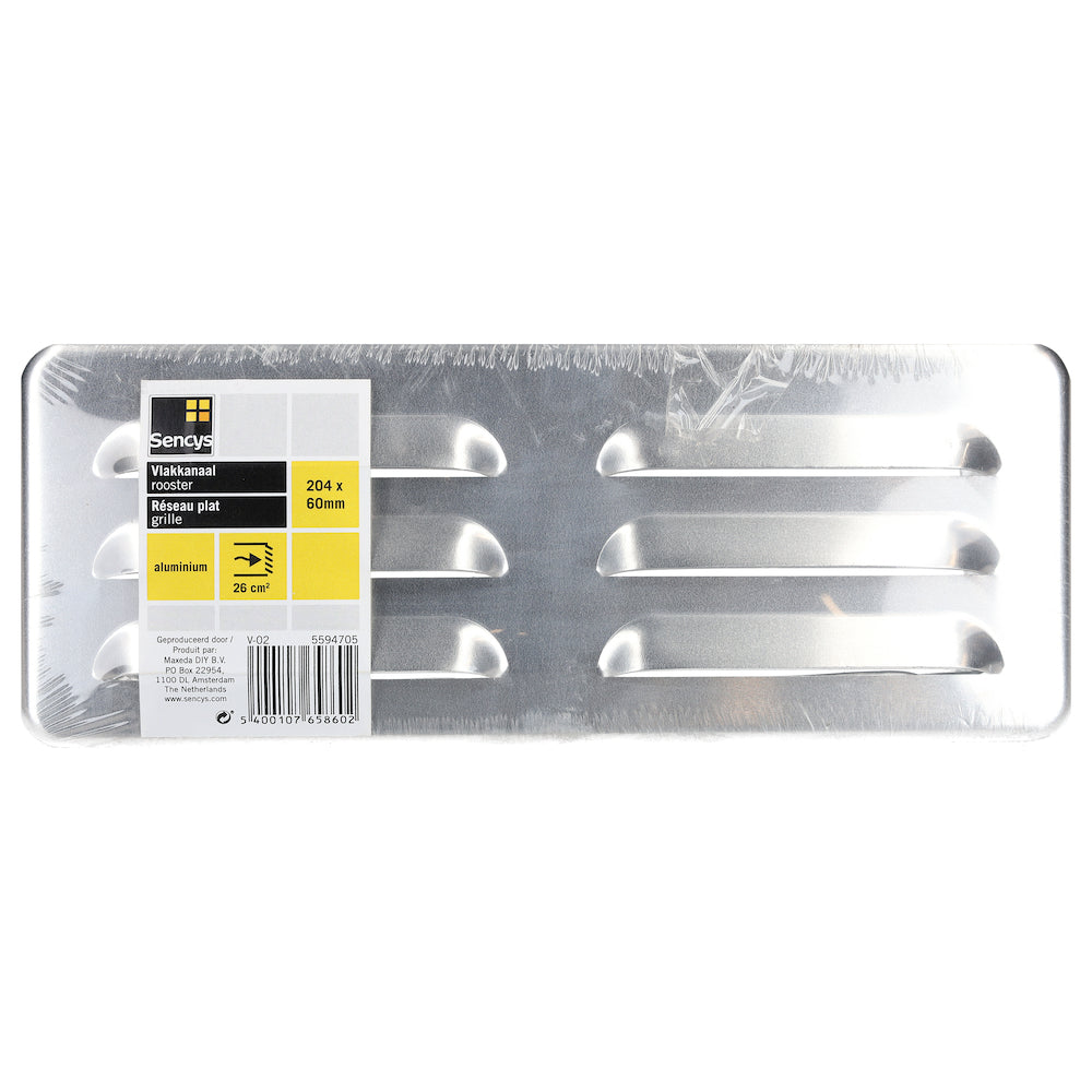 Sencys vlakkanaal 204x60mm Muurrooster aluminium