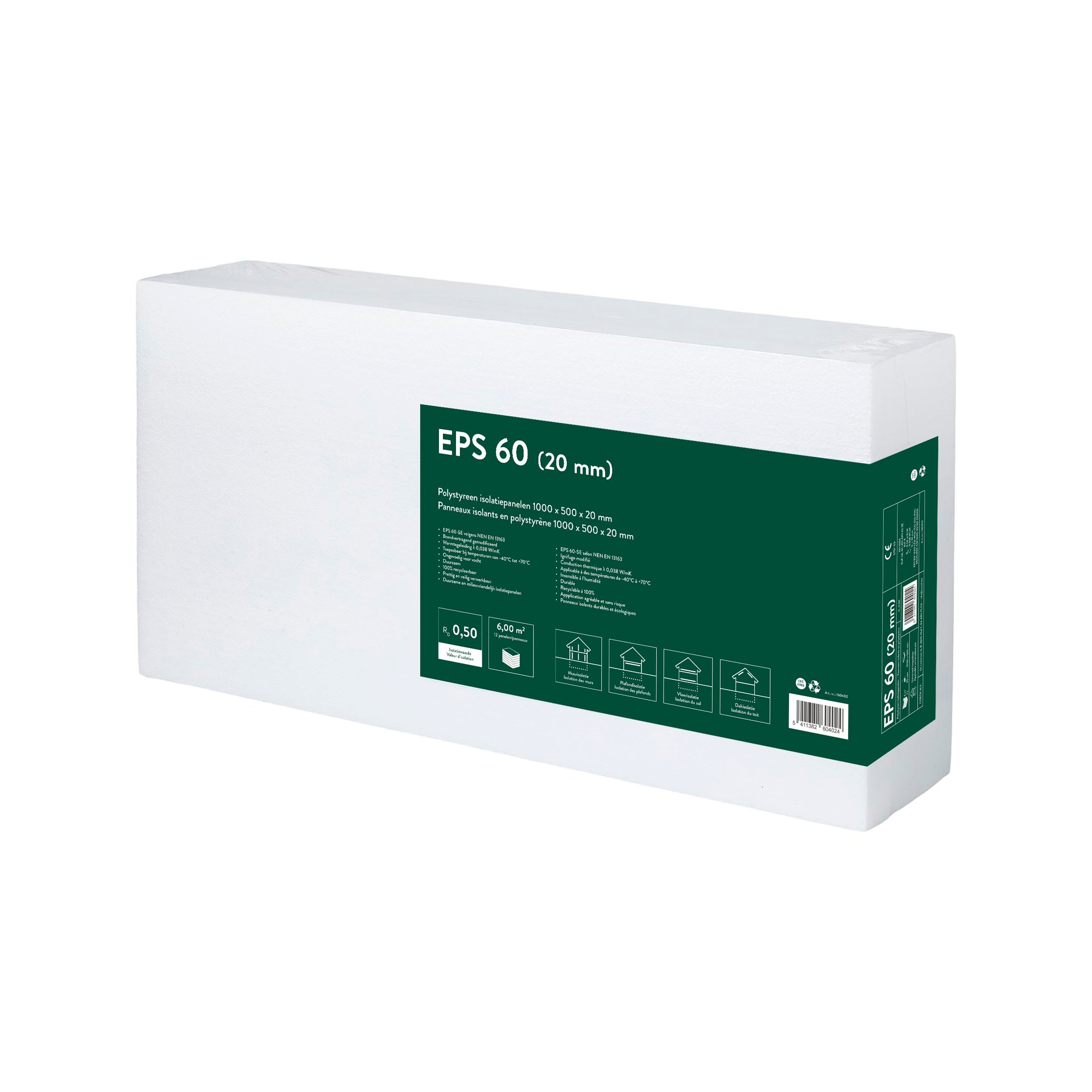 Coeck EPS 60 isolatieplaat - Polystyreen - RD waarde 0,5m² K/W - 20mm - 100x50cm - 6m² - 12 stuks