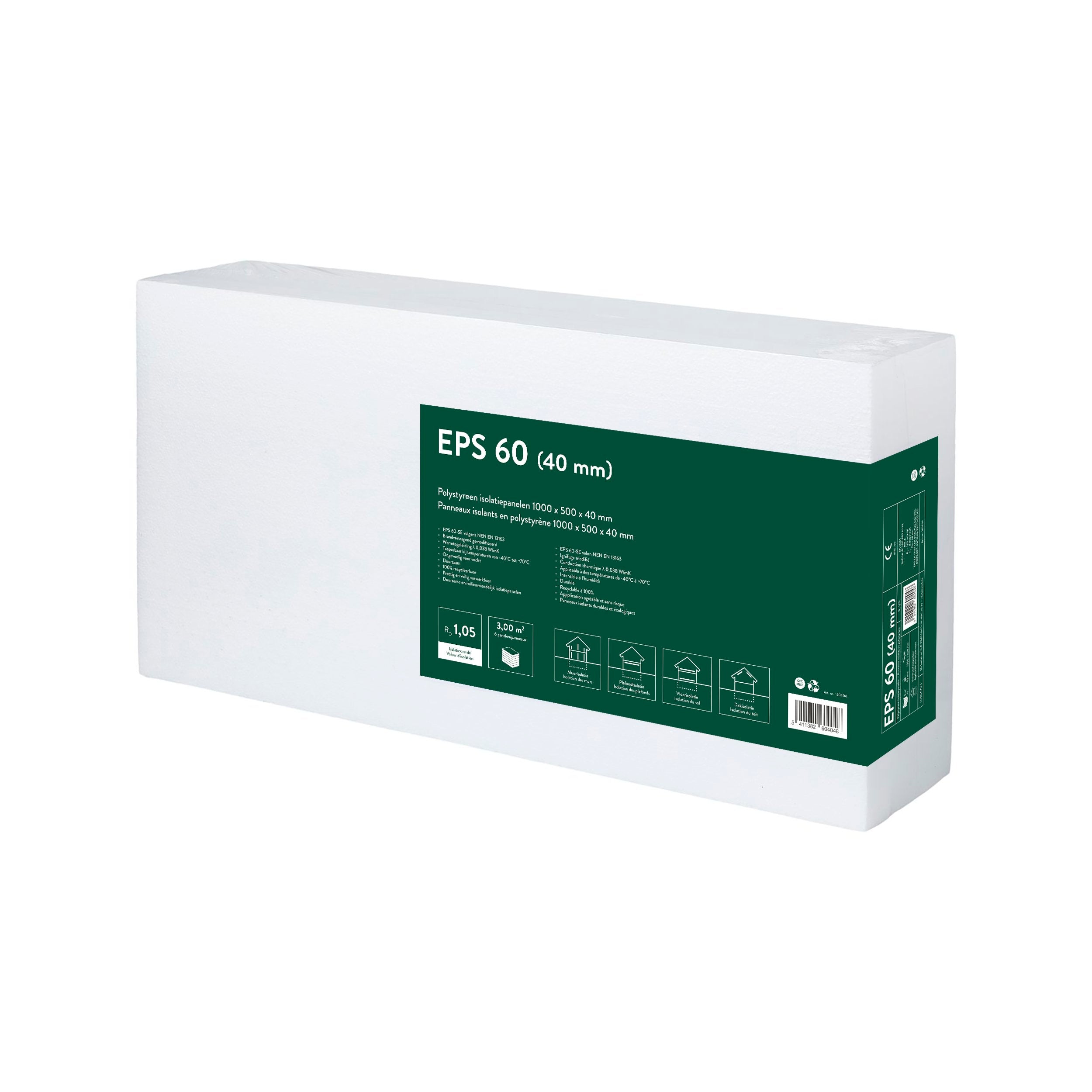 Coeck EPS 60 isolatieplaat - Polystyreen - RD waarde 1,05m² K/W - 40mm - 100x50cm - 3m² - 6 stuks