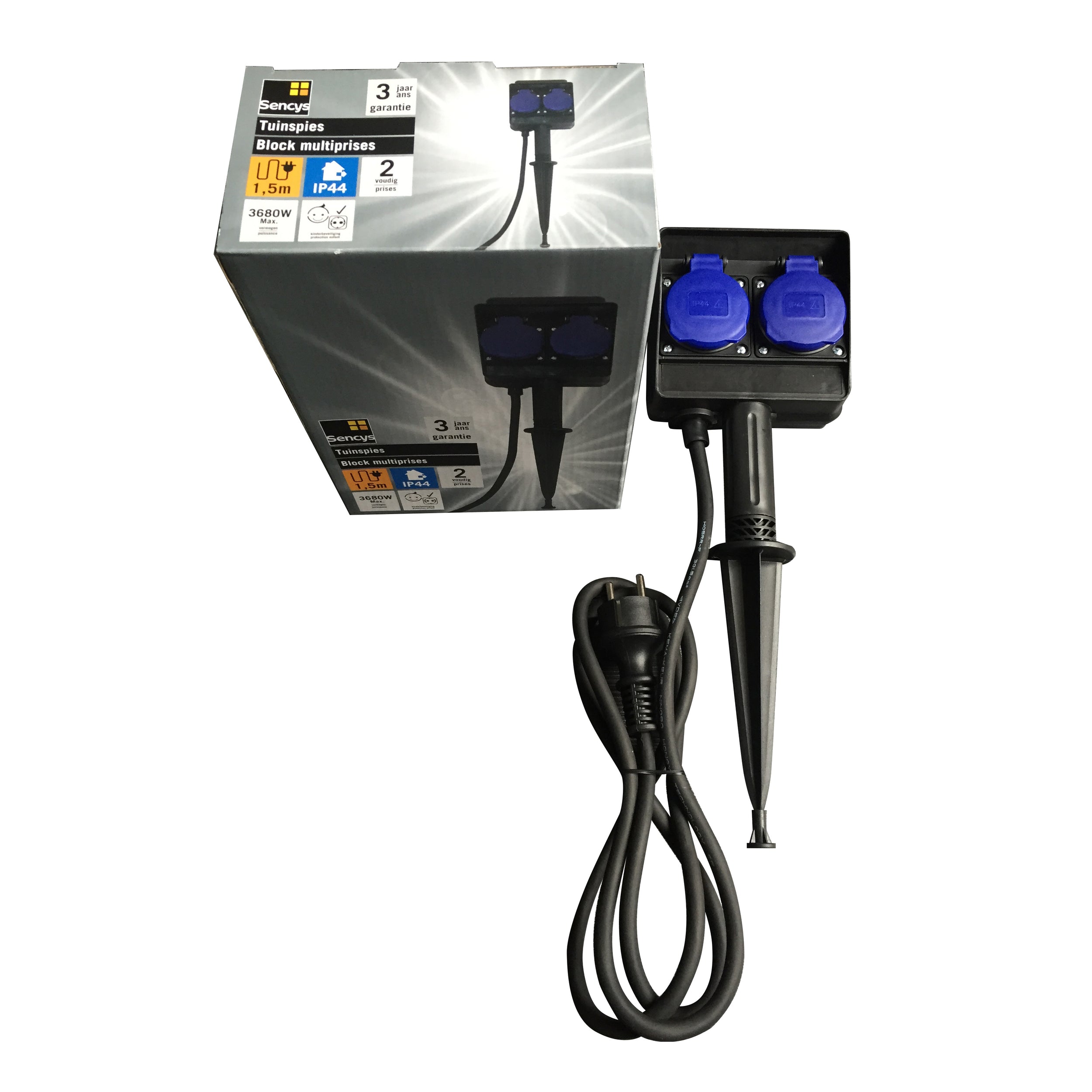Sencys tuinspies H05RR-F 3G1.5 1.5M 2-weg Schuko 16A/25V IP44 zwart-blauw