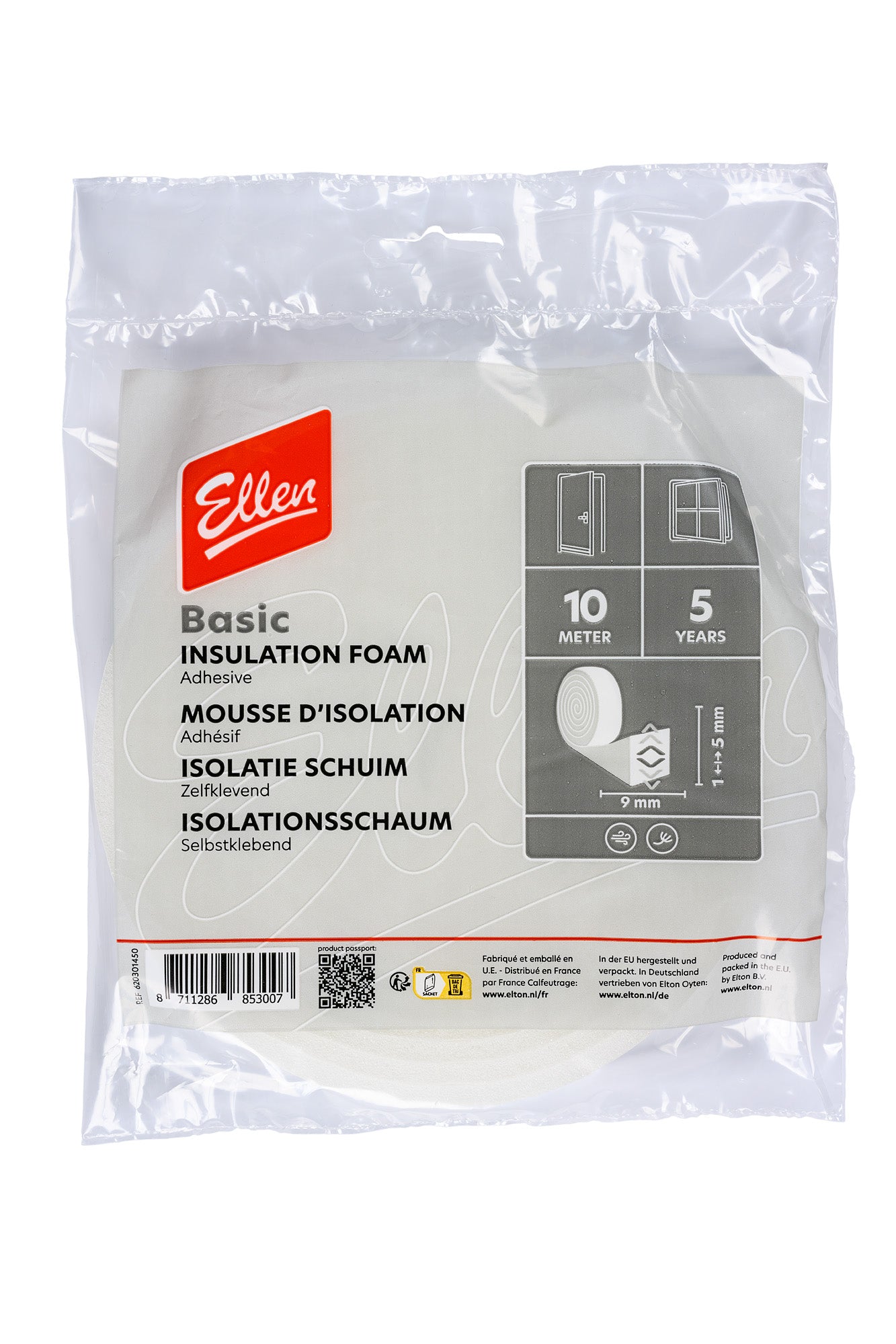 Ellen tochtband schuim 9x6mm. Zelfklevend, wit, 10 meter