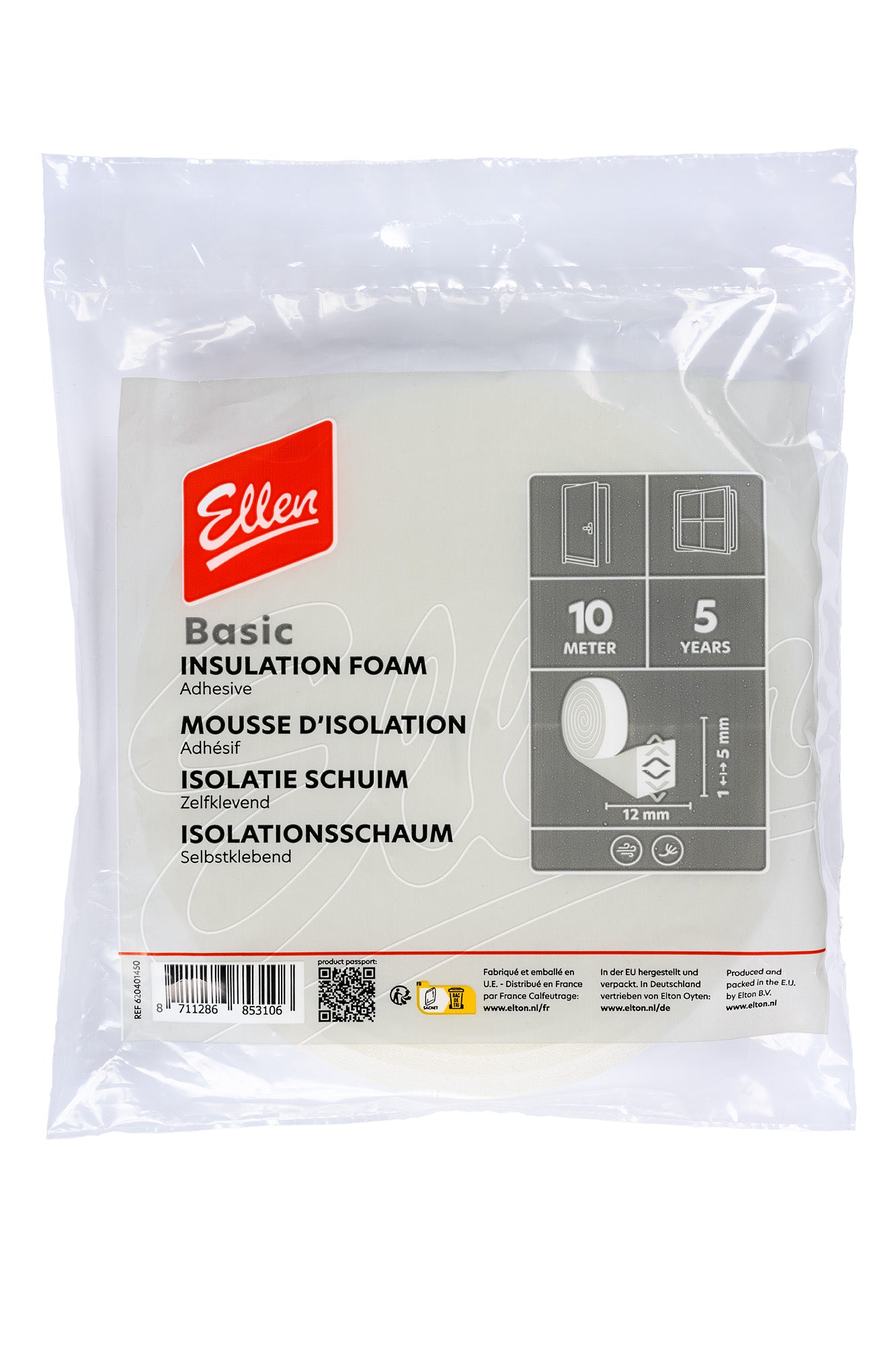 Ellen tochtband schuim 12x6mm. Zelfklevend, wit, 10 meter