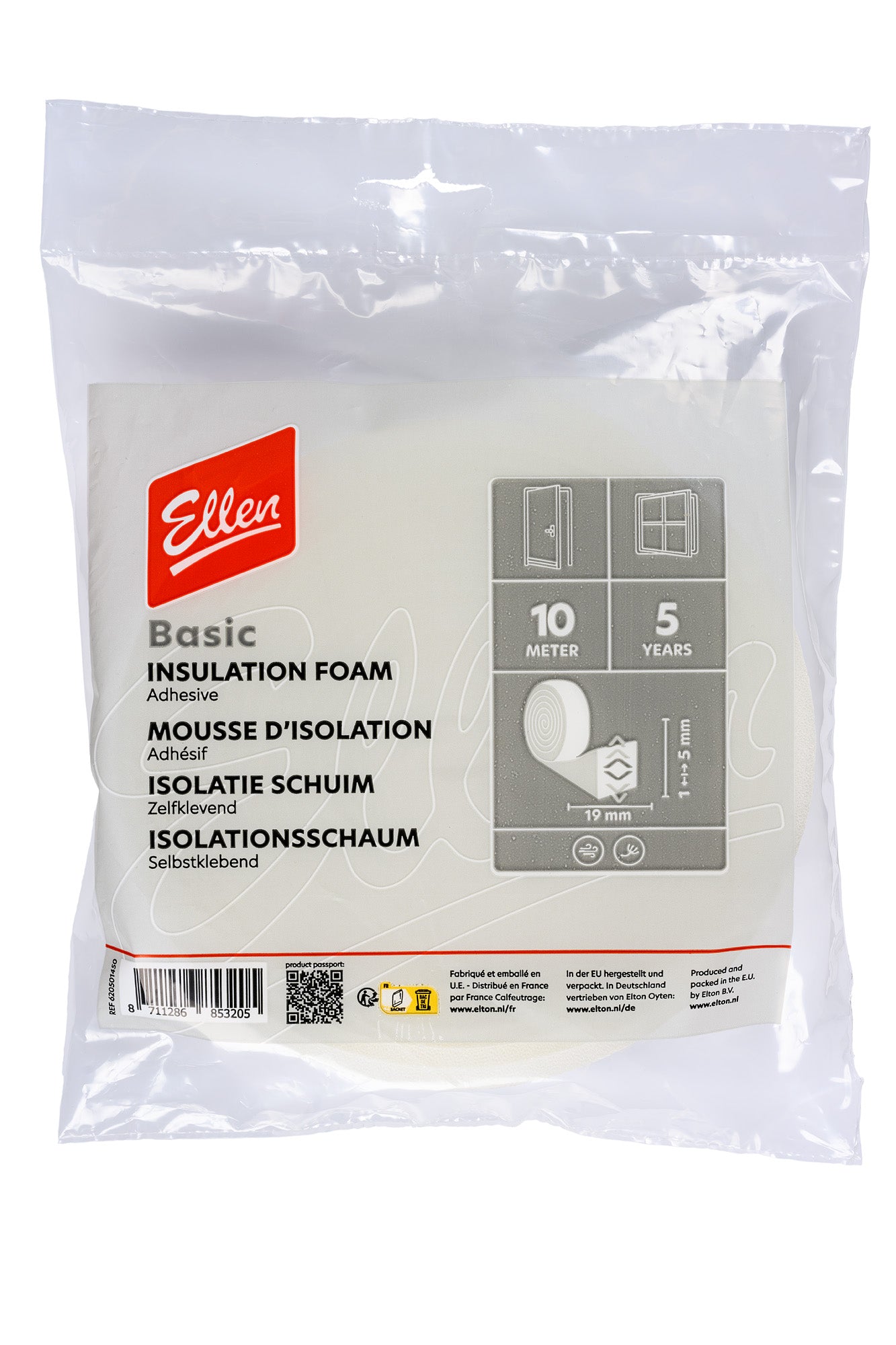 Ellen tochtband schuim 19x6mm. Zelfklevend, wit, 10 meter