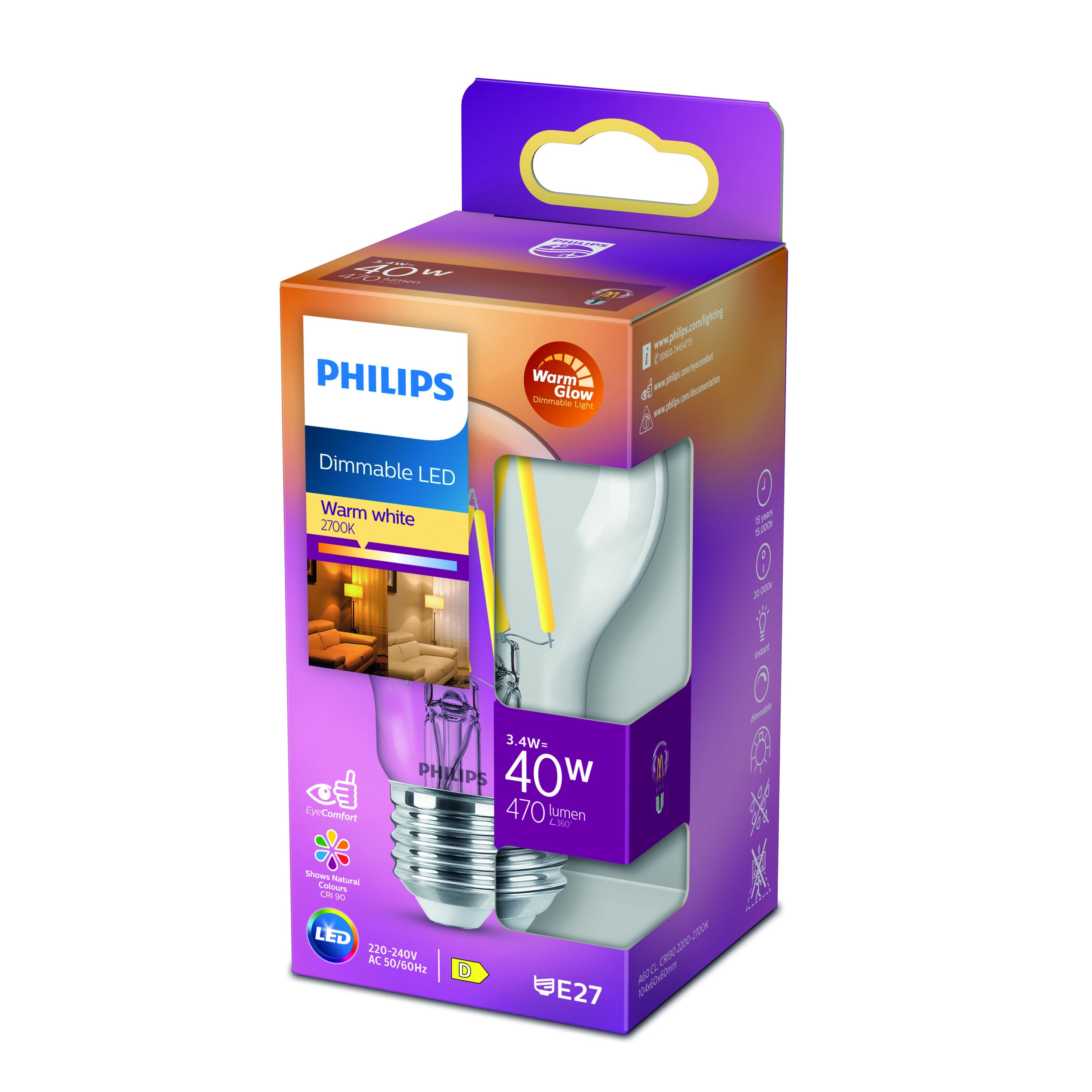 Philips ledfilamentlamp dimbaar warm wit E27 3,4W
