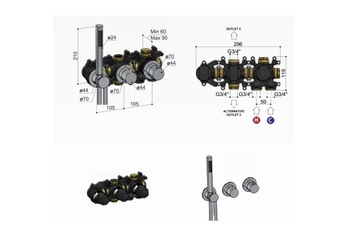 Hotbath Inbouw thermostaat - Afbouwdeel Ace Met 2-Weg Stop-Omstel Met Handdouche/ Doucheslang - Chroom