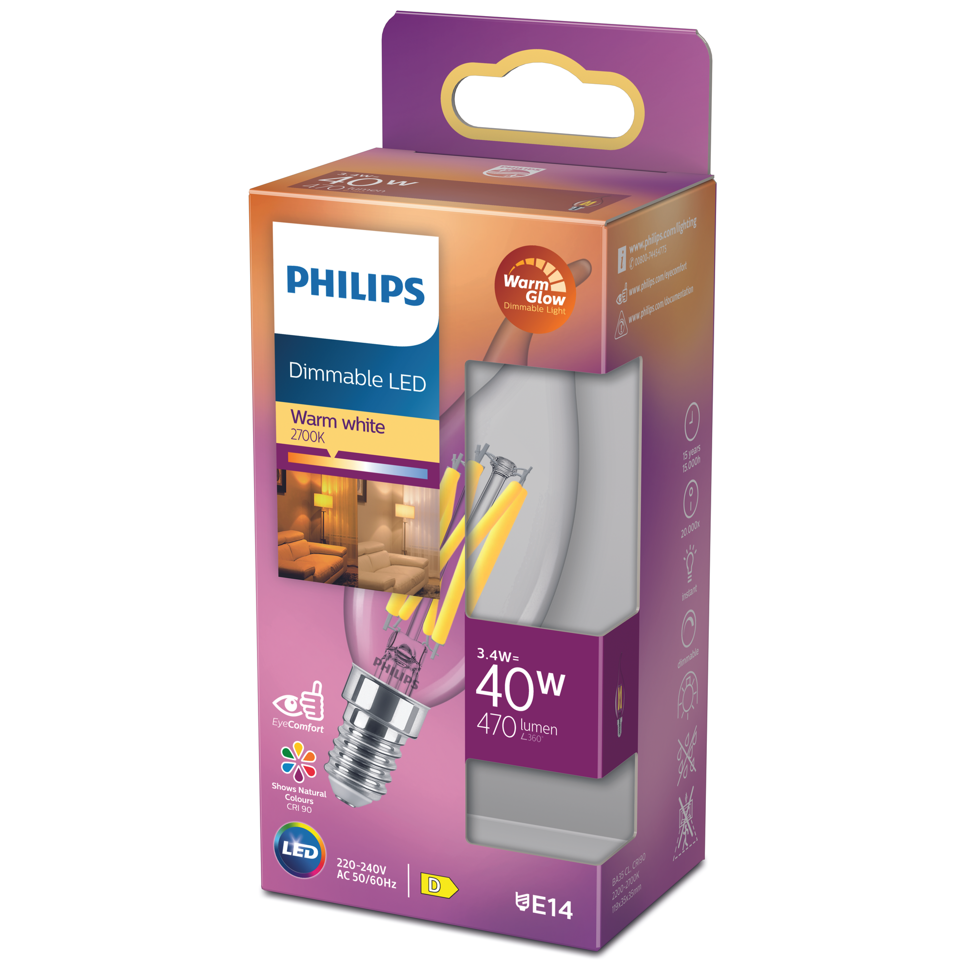 Philips ledfilamentlamp kaars E14 3,4W