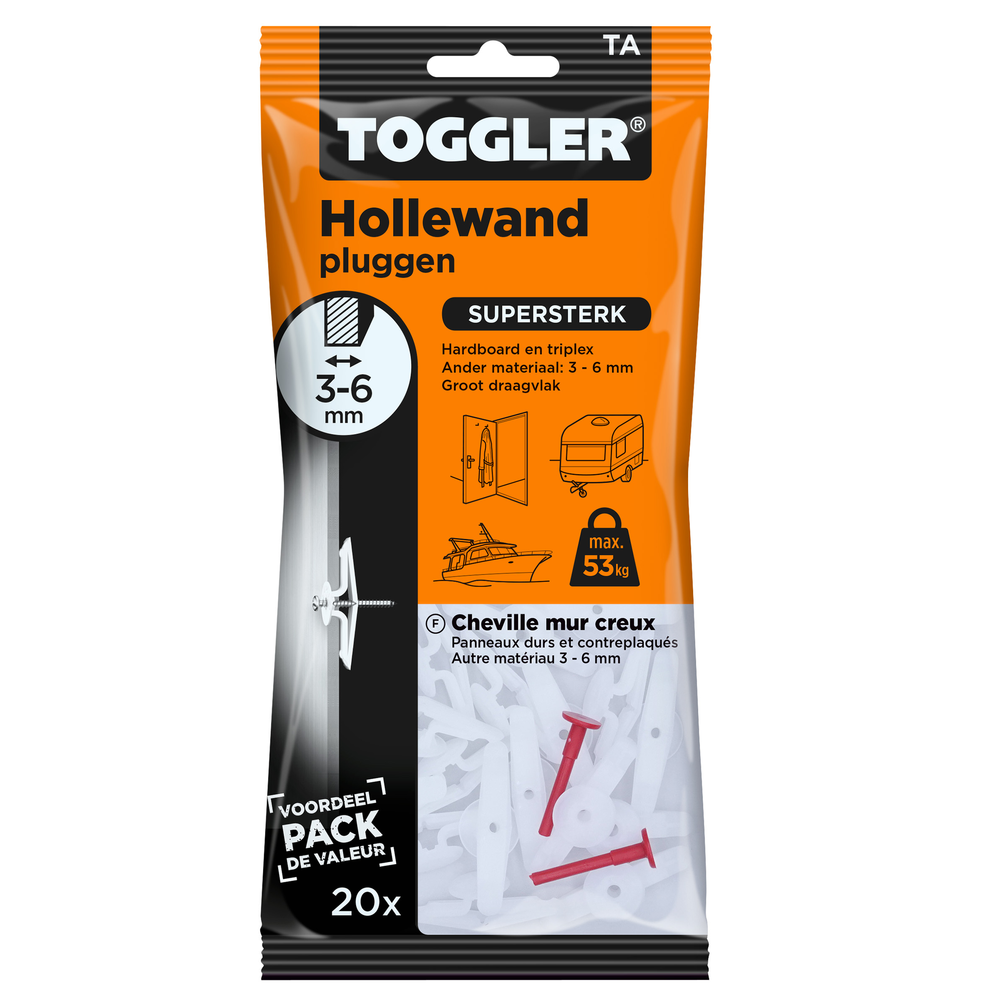 Toggler hollewandplug TA plaatdikte 3-6mm 20st.