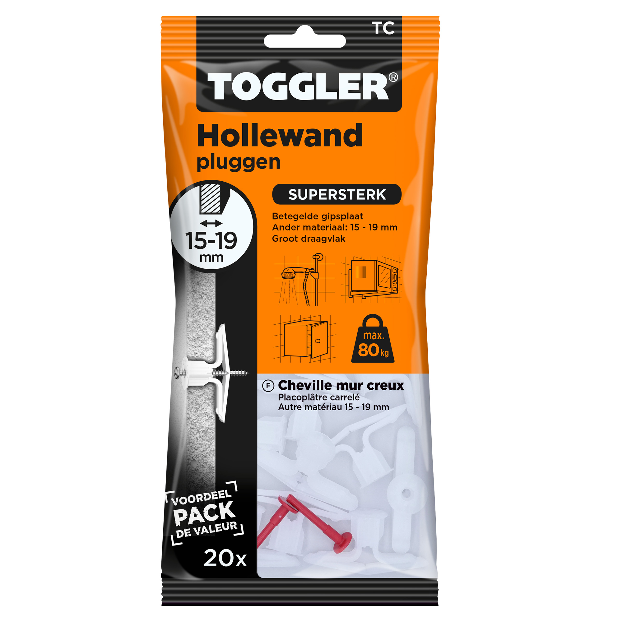 Toggler hollewandplug TC plaatdikte 15-19mm 20st.
