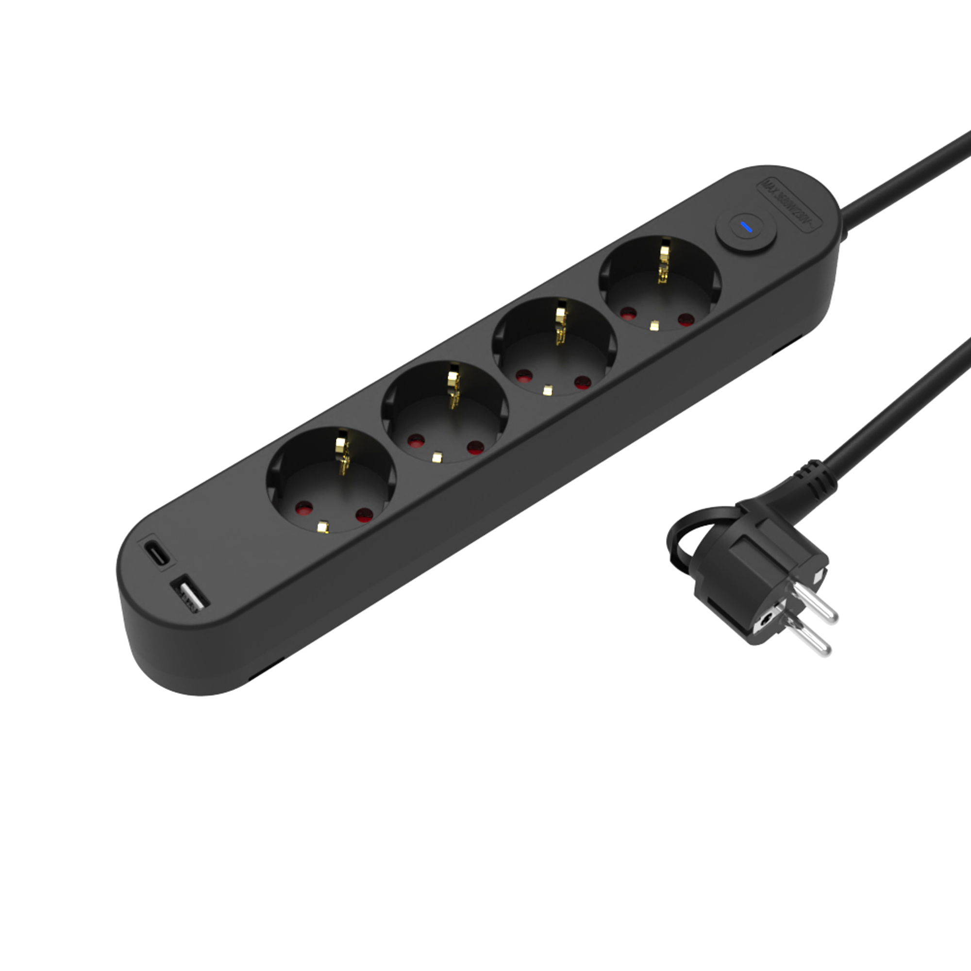 Sencys stekkerdoos 4-voudig met USB A+C zwart 3 meter