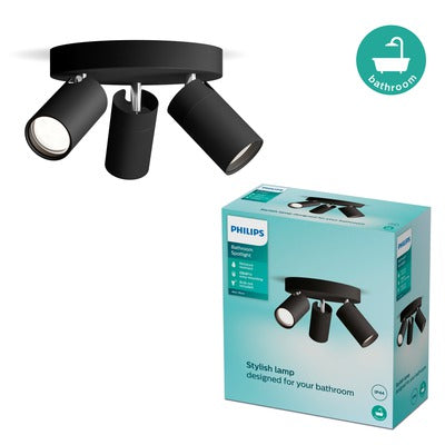Philips opbouwspot badkamer Idris zwart ⌀22cm 3xGU10
