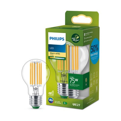 Philips Ultra Efficient LED lamp Transparant - 75 W - E27 - Warmwit licht