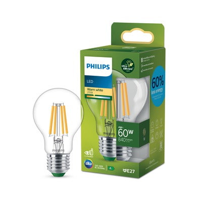 Philips Ultra Efficient LED lamp Transparant - 60 W - E27 - Warmwit licht