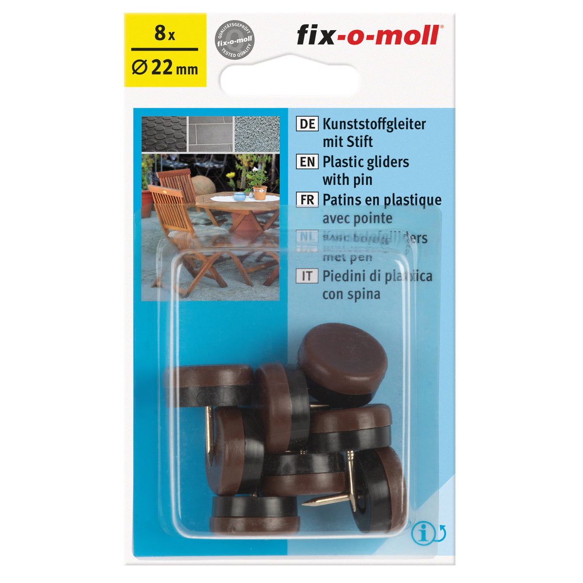 Fix-O-Moll meubelglijder met nagel kunststof bruin 22mm 8 st