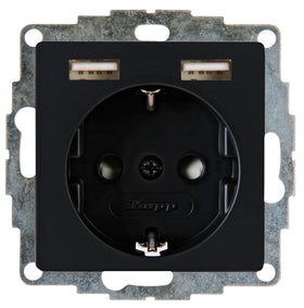 Kopp inbouwstopcontact Athenis 1-polig randaarde + 2 USB zwart IP20