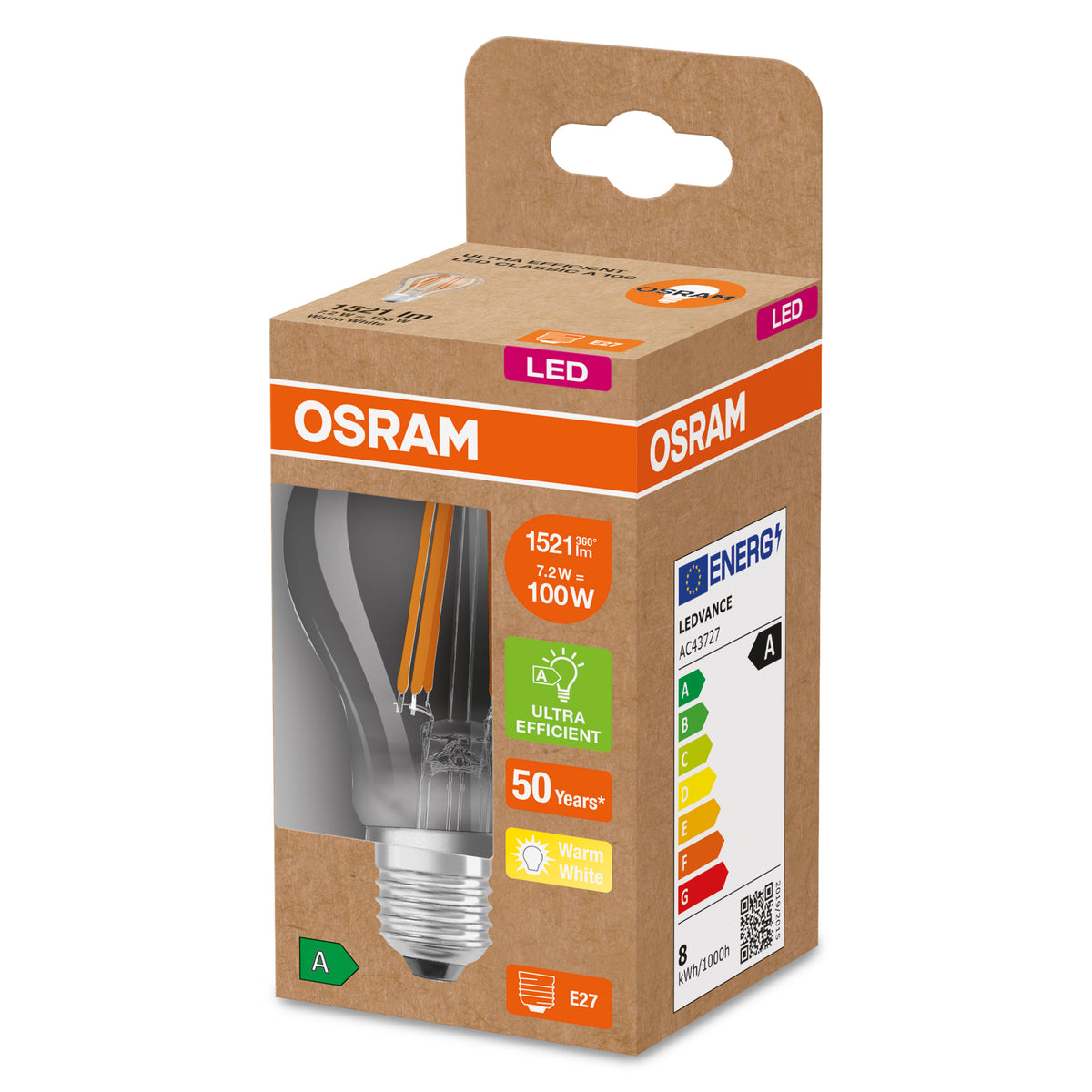 Osram ledfilamentlamp ultrazuinig E27 7,2W