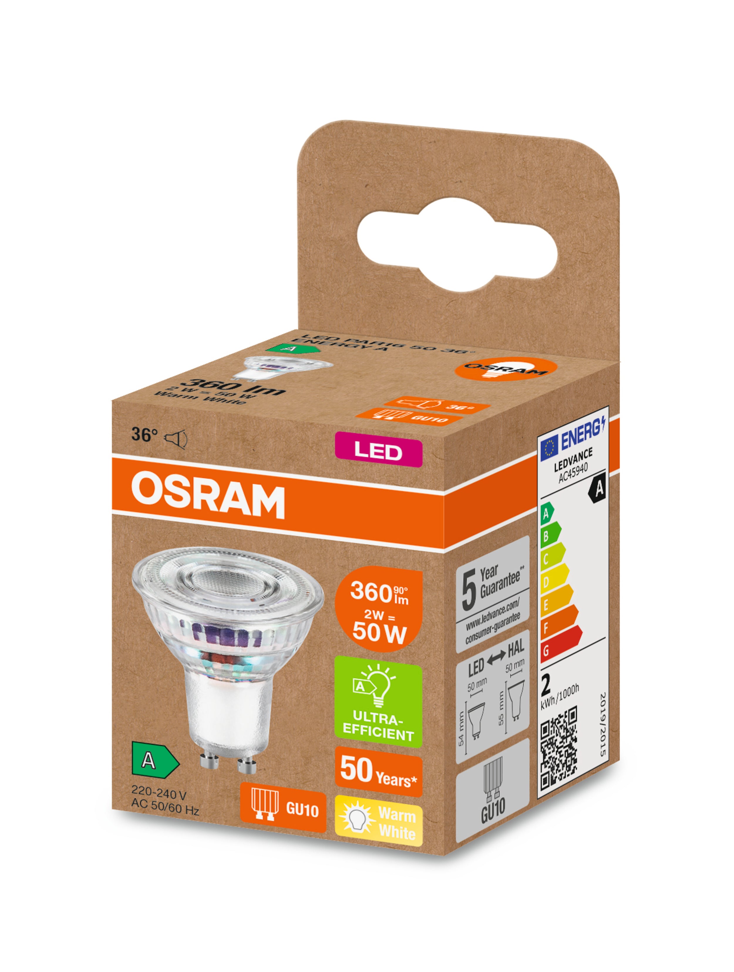 Osram ledspot warm wit PAR16 GU10 2W