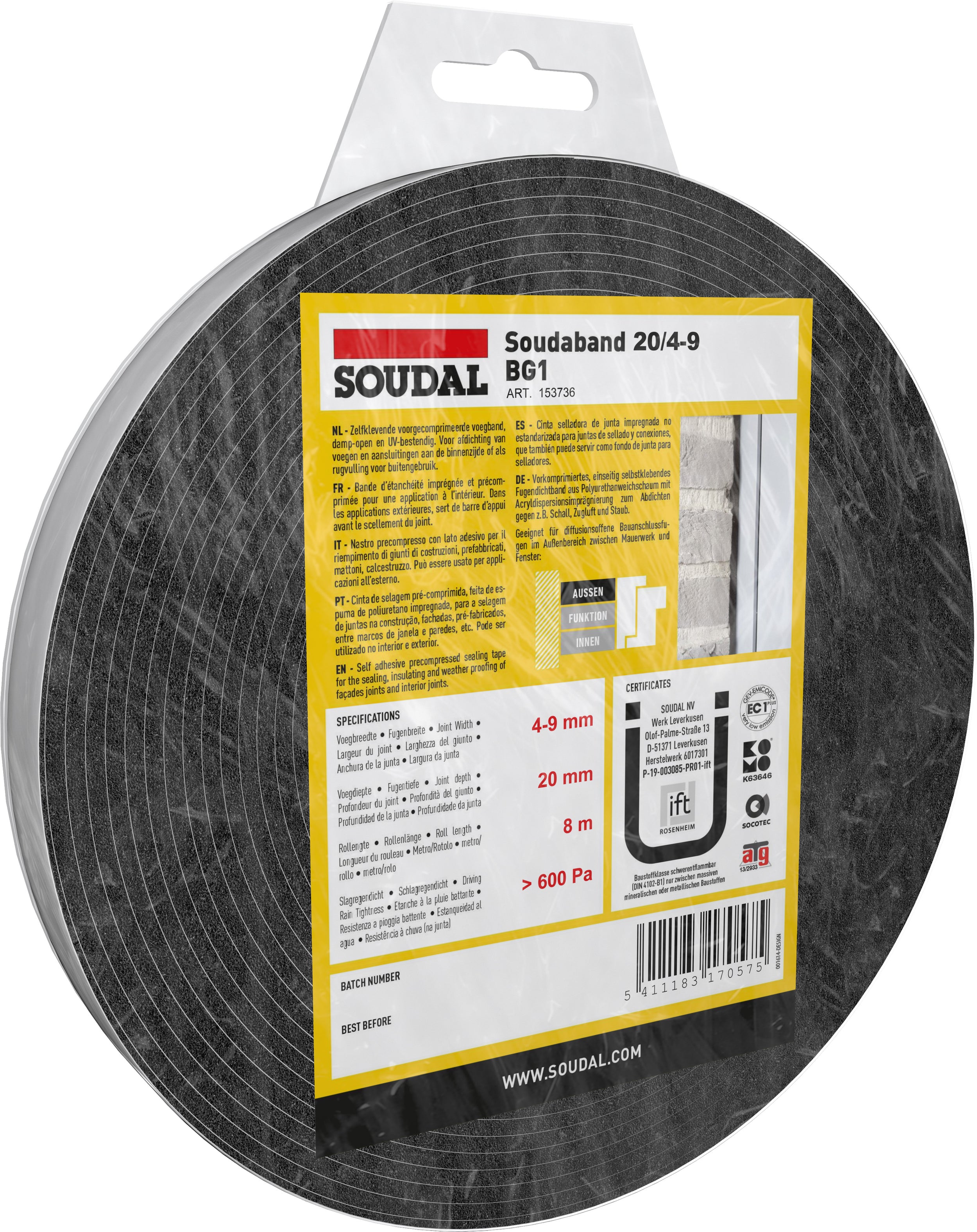 Soudal zelfklevende voorgecomprimeerde voegband Soudaband BG1 20/4-9 8m