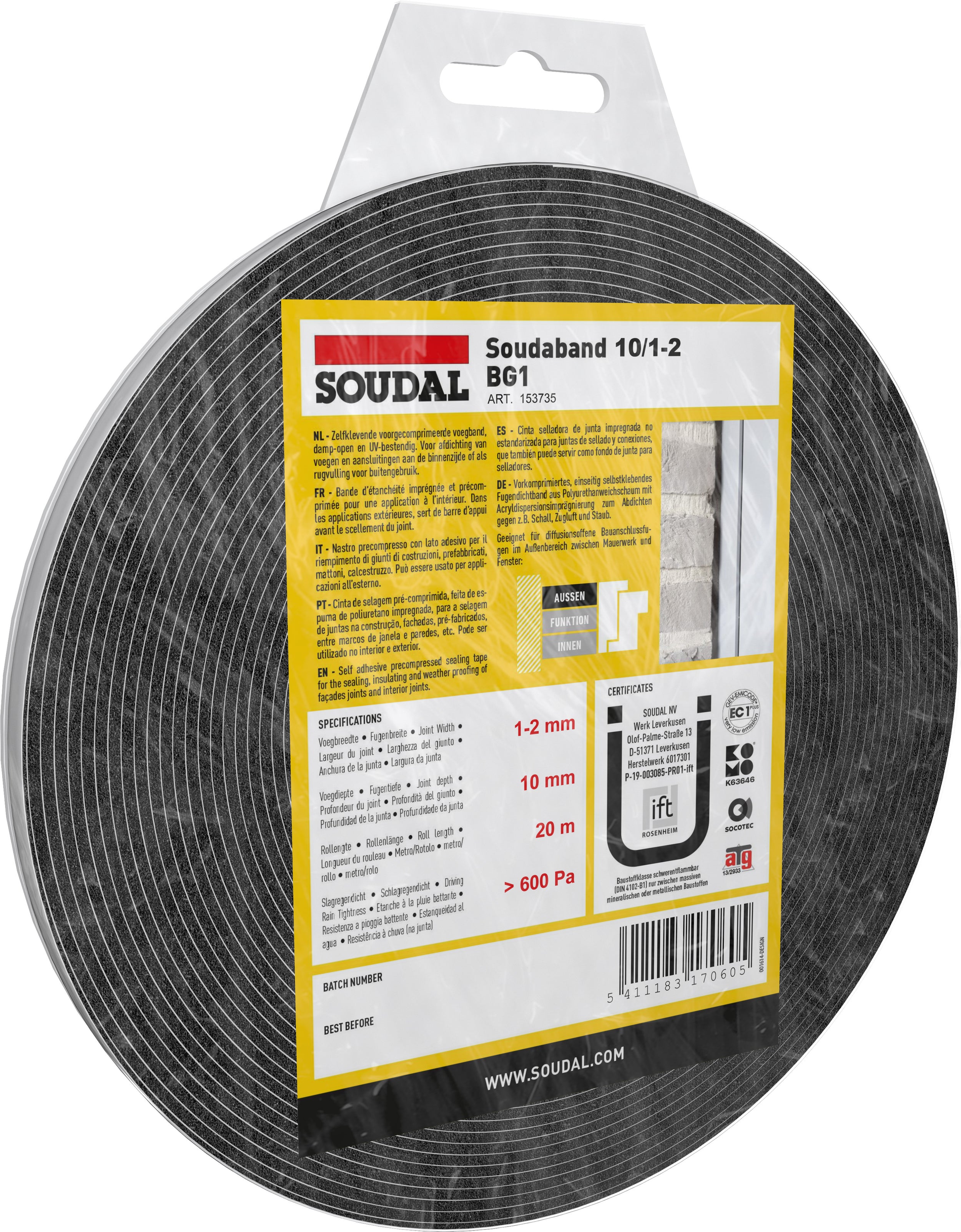 Soudal zelfklevende voorgecomprimeerde voegband Soudaband BG1 10/1-2 8m