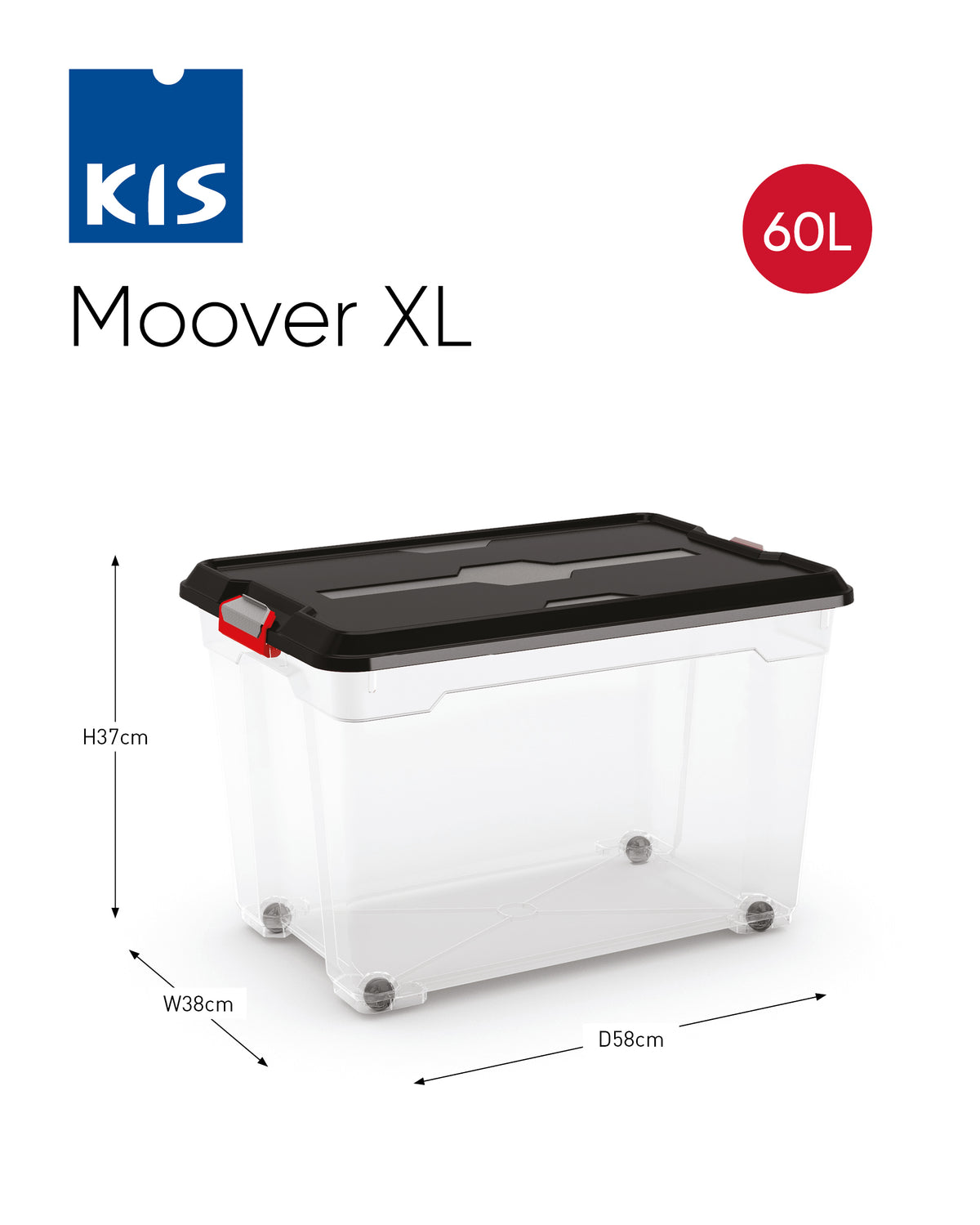 Kis Moover box XL met wielen transparant zwart 60L