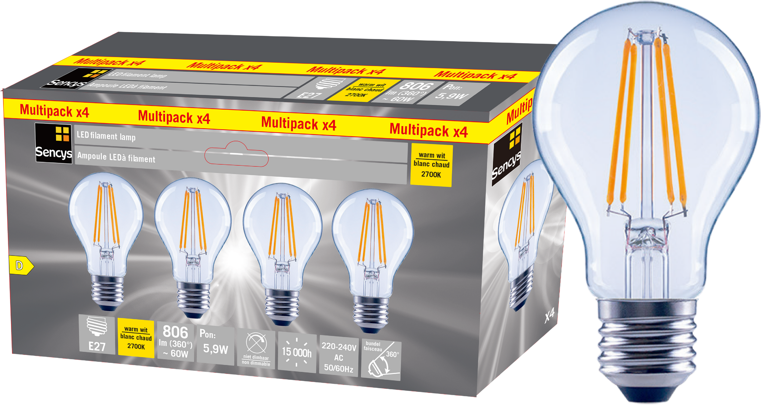 Sencys filament lamp E27/P427 SCL A60 6,5W set van 4