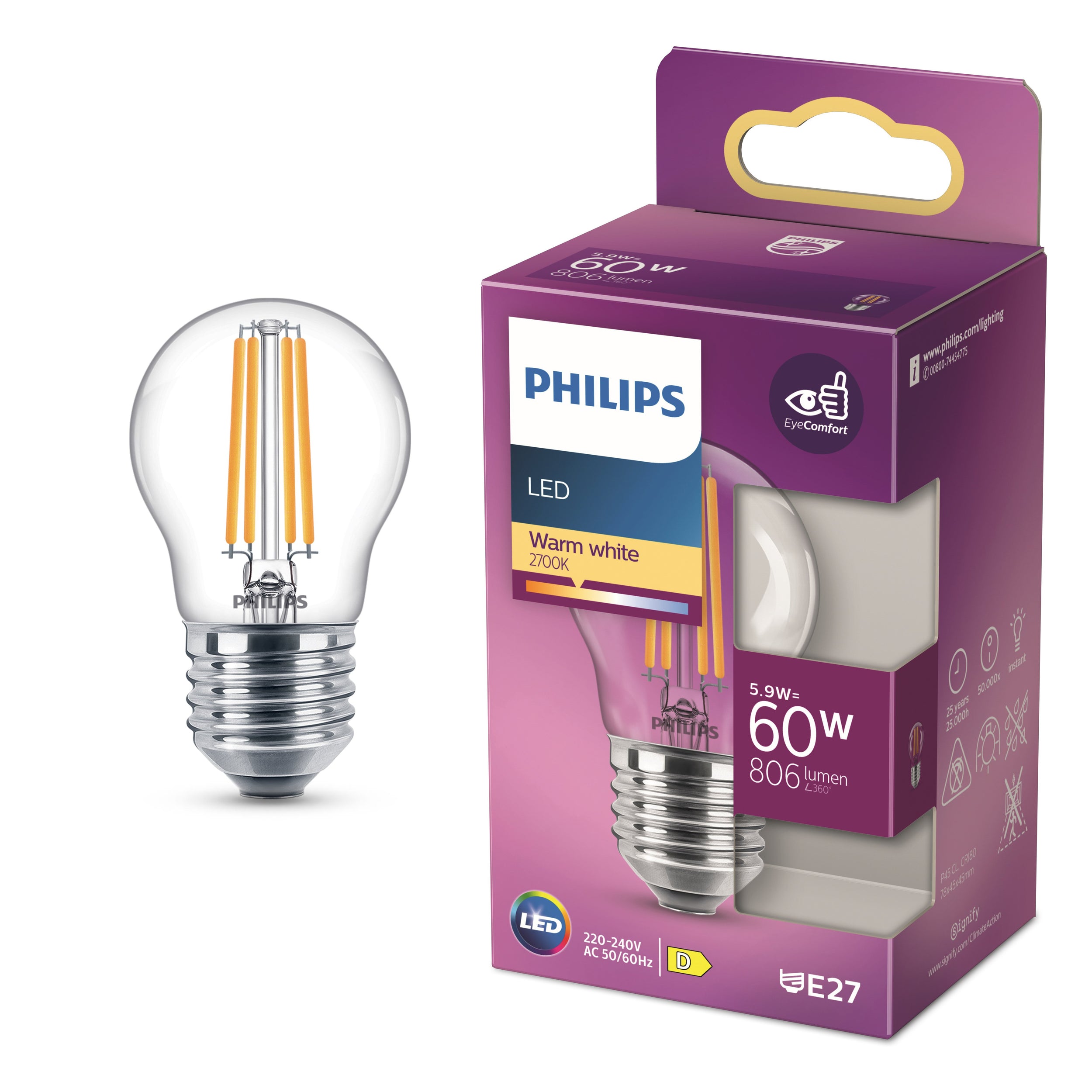 Philips LED Kogel E27 2700K 60W Helder