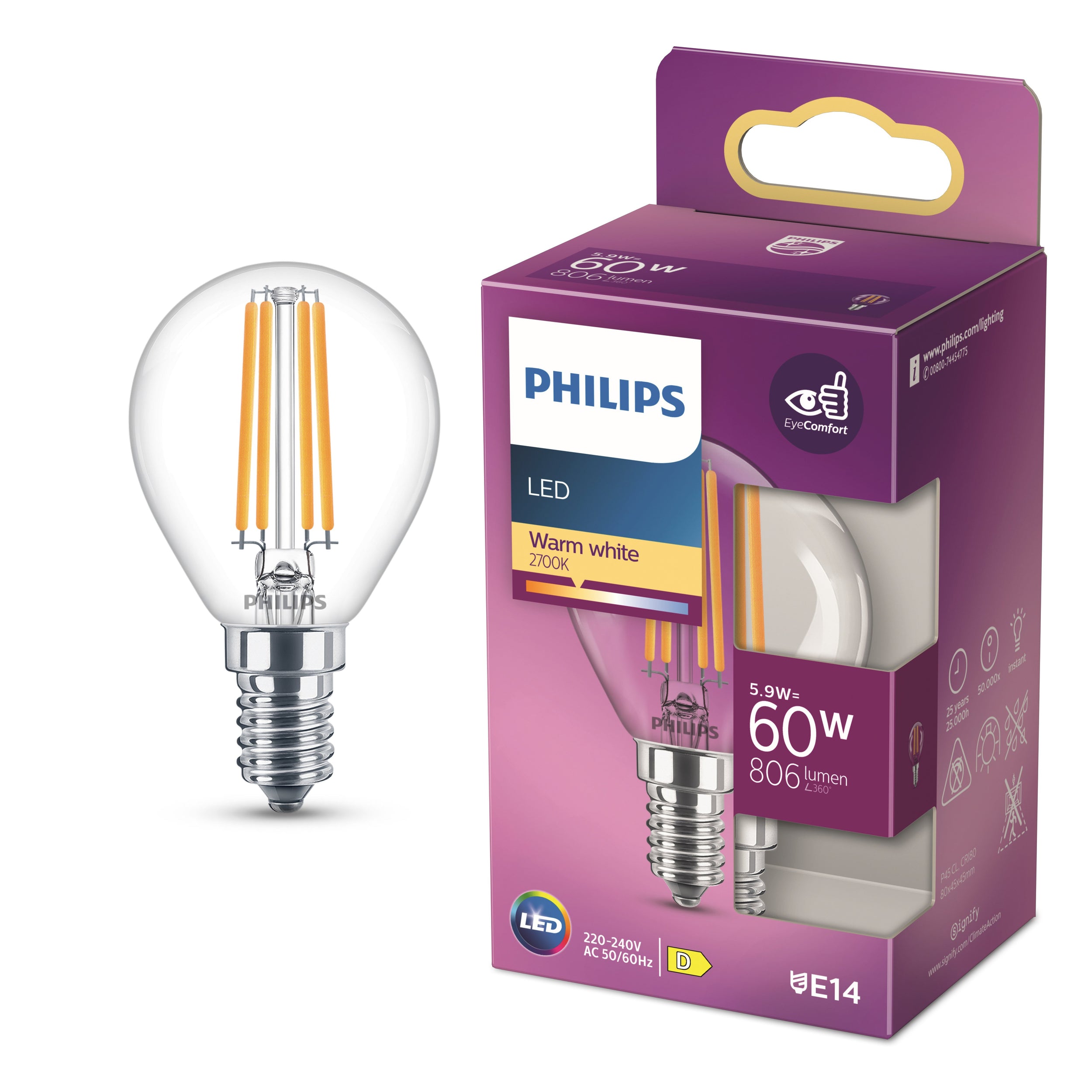 Philips LED Kogel E14 2700K 60W Helder