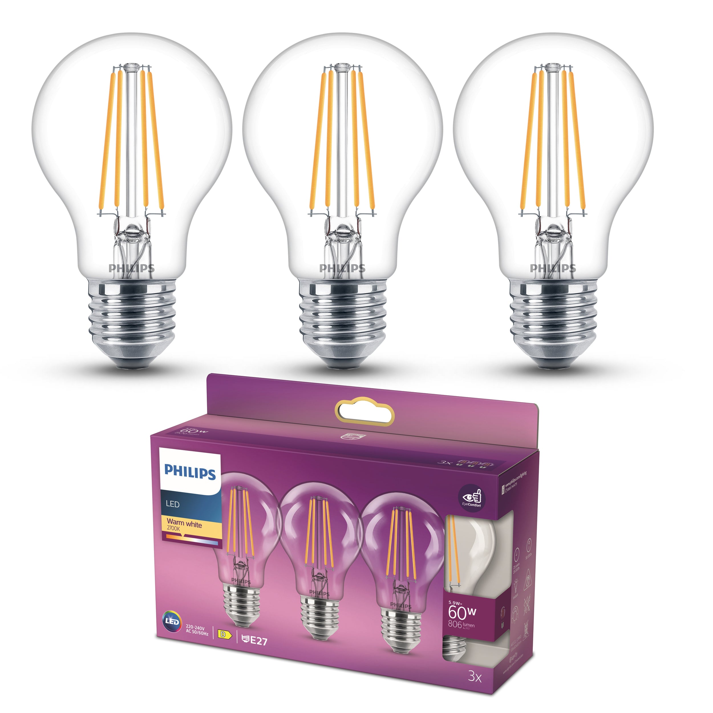 Philips LED Stand E27 2700K 60W Helder 3p