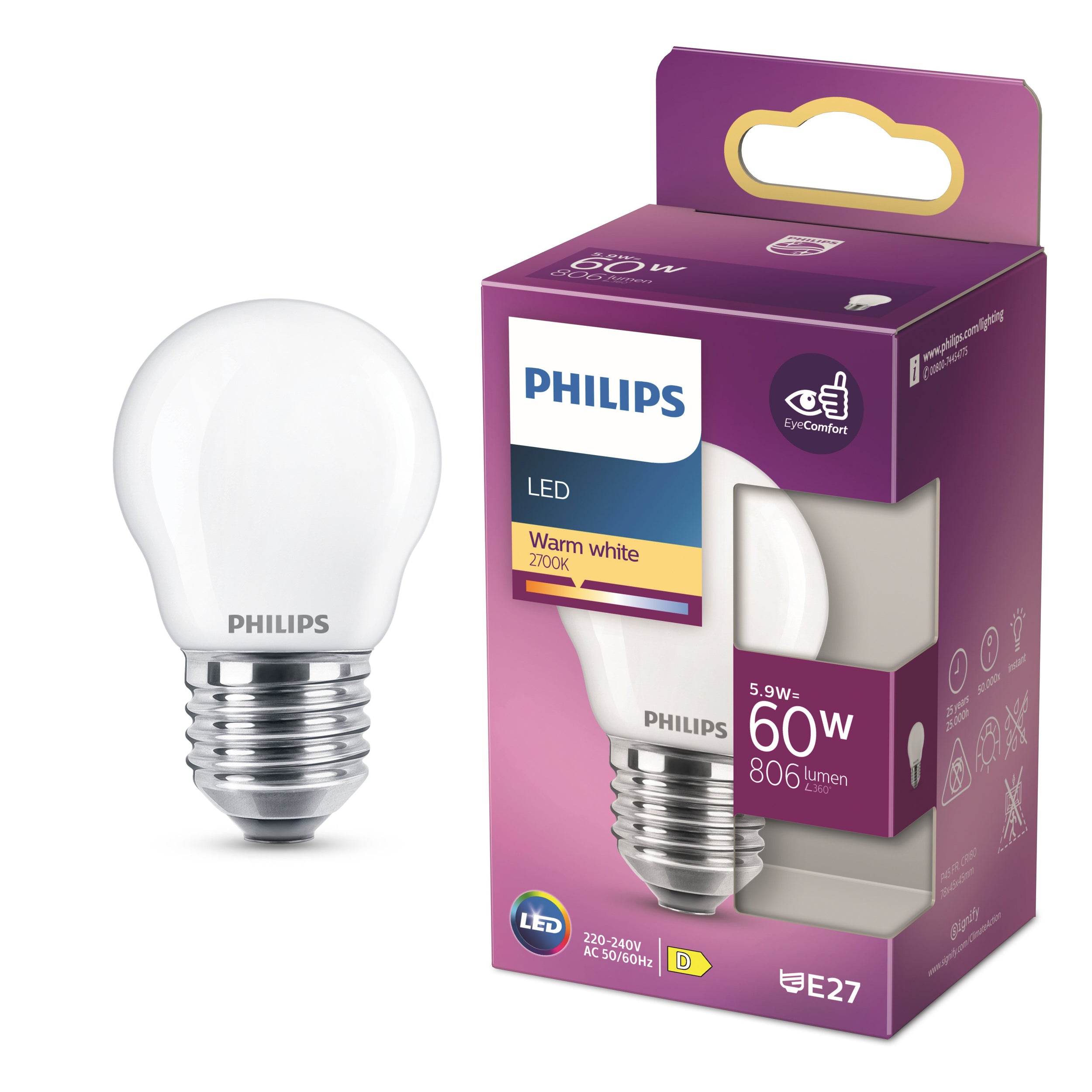 Philips LED Kogel E27 2700K 60W Mat