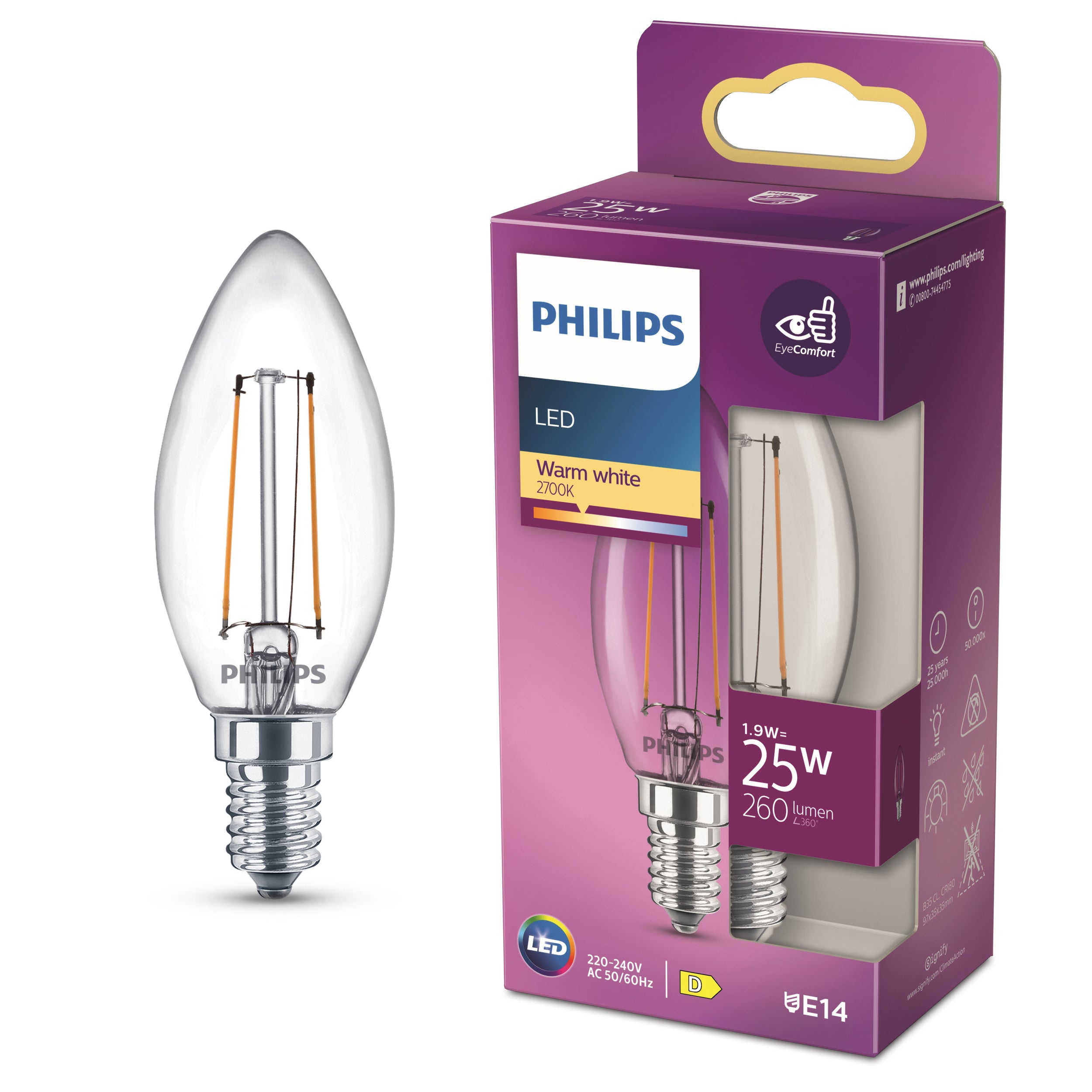 Philips LED Kaars E14 2700K 25W Helder