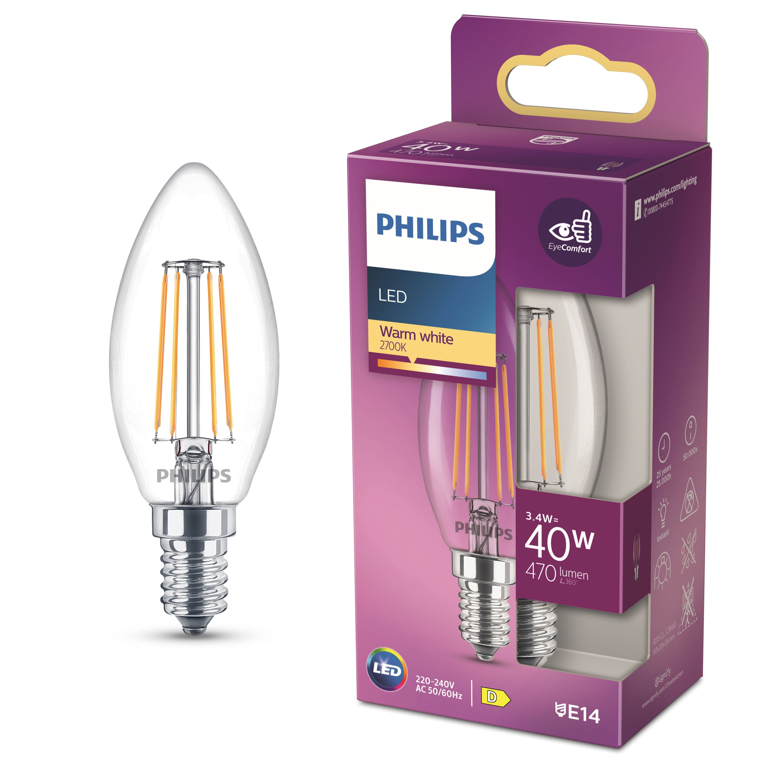 Philips LED Kaars E14 2700K 40W Helder