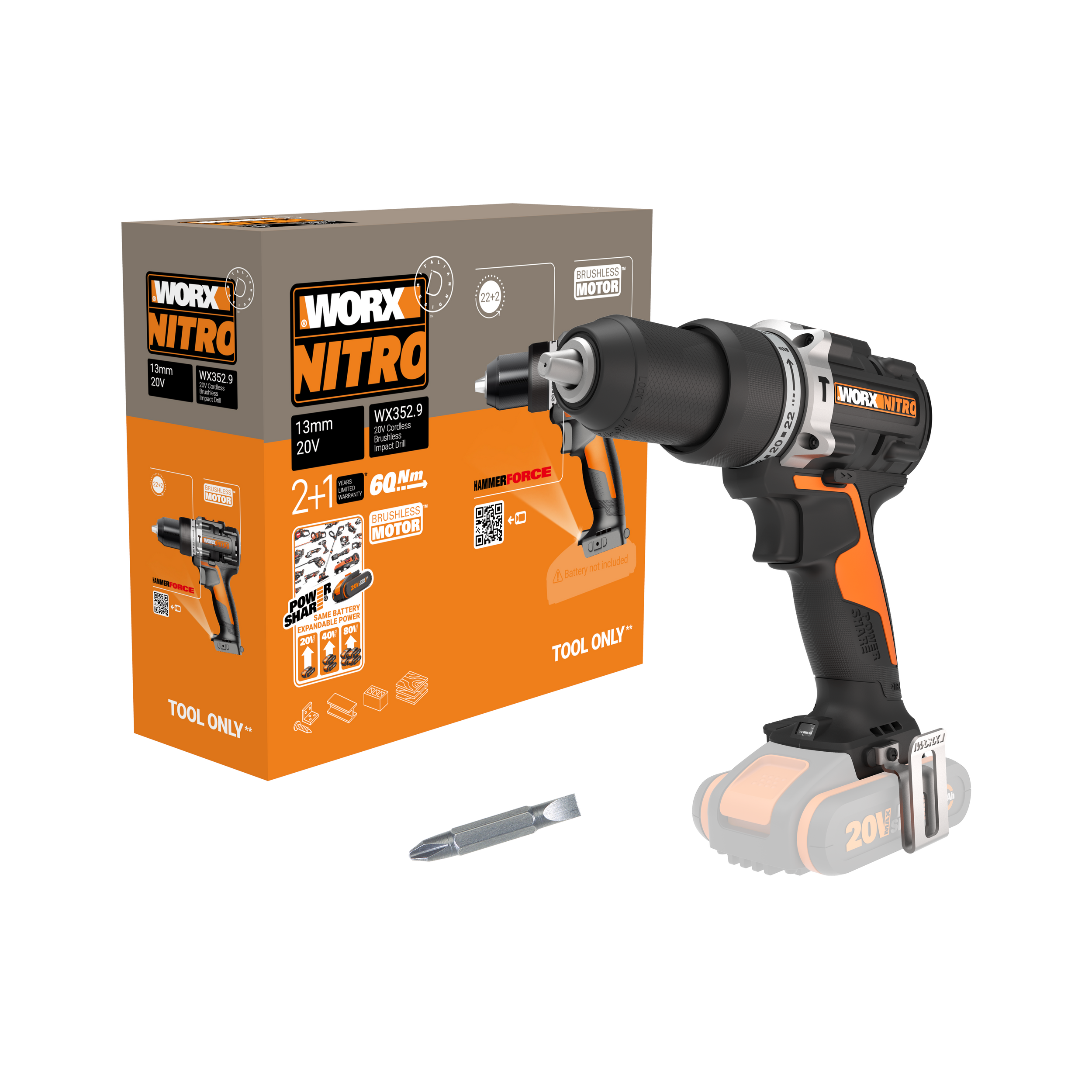 Worx accuboormachine met klopfunctie WX352.9 20V (zonder accu)