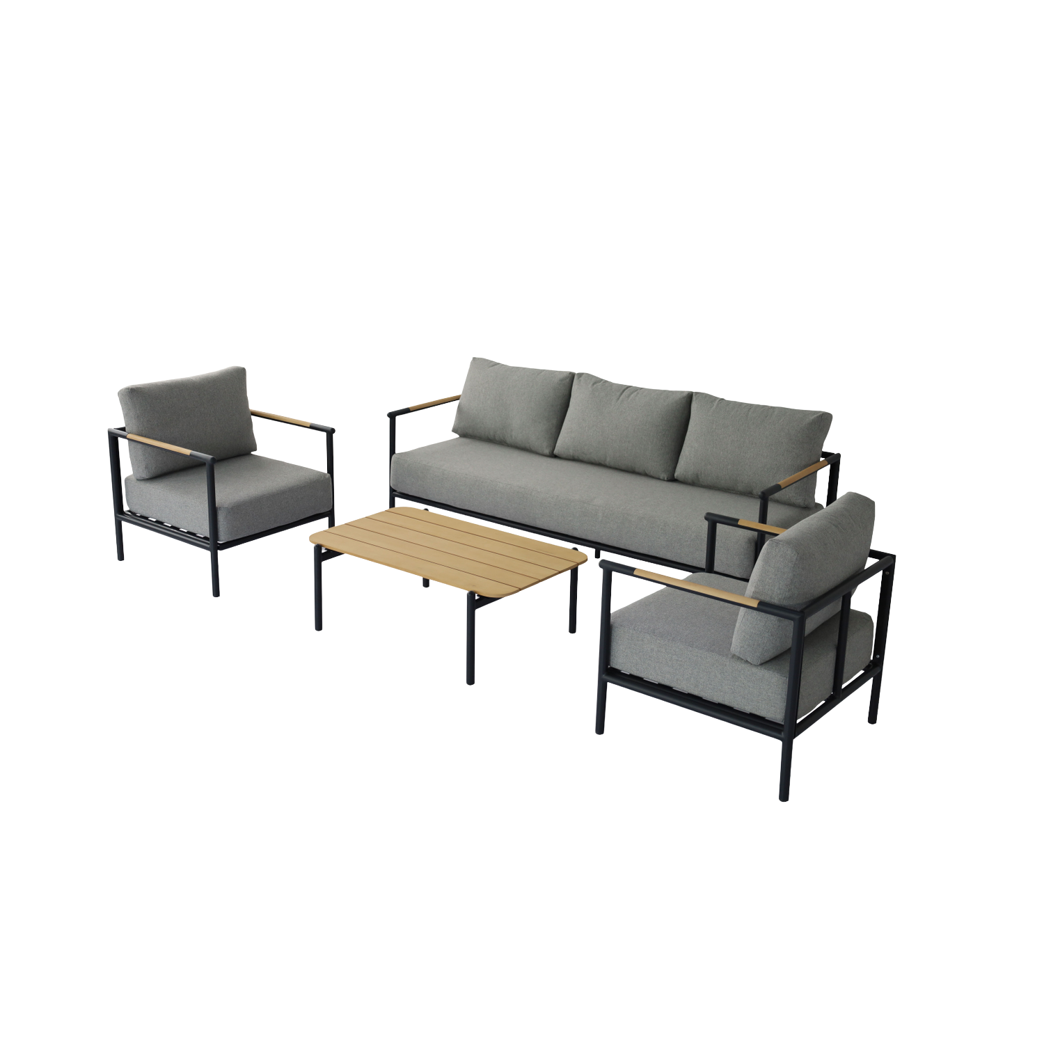Loungeset Zante - Aluminium/Eucalyptus - Zwart/Lichtgrijs/Houtlook - 5 Personen