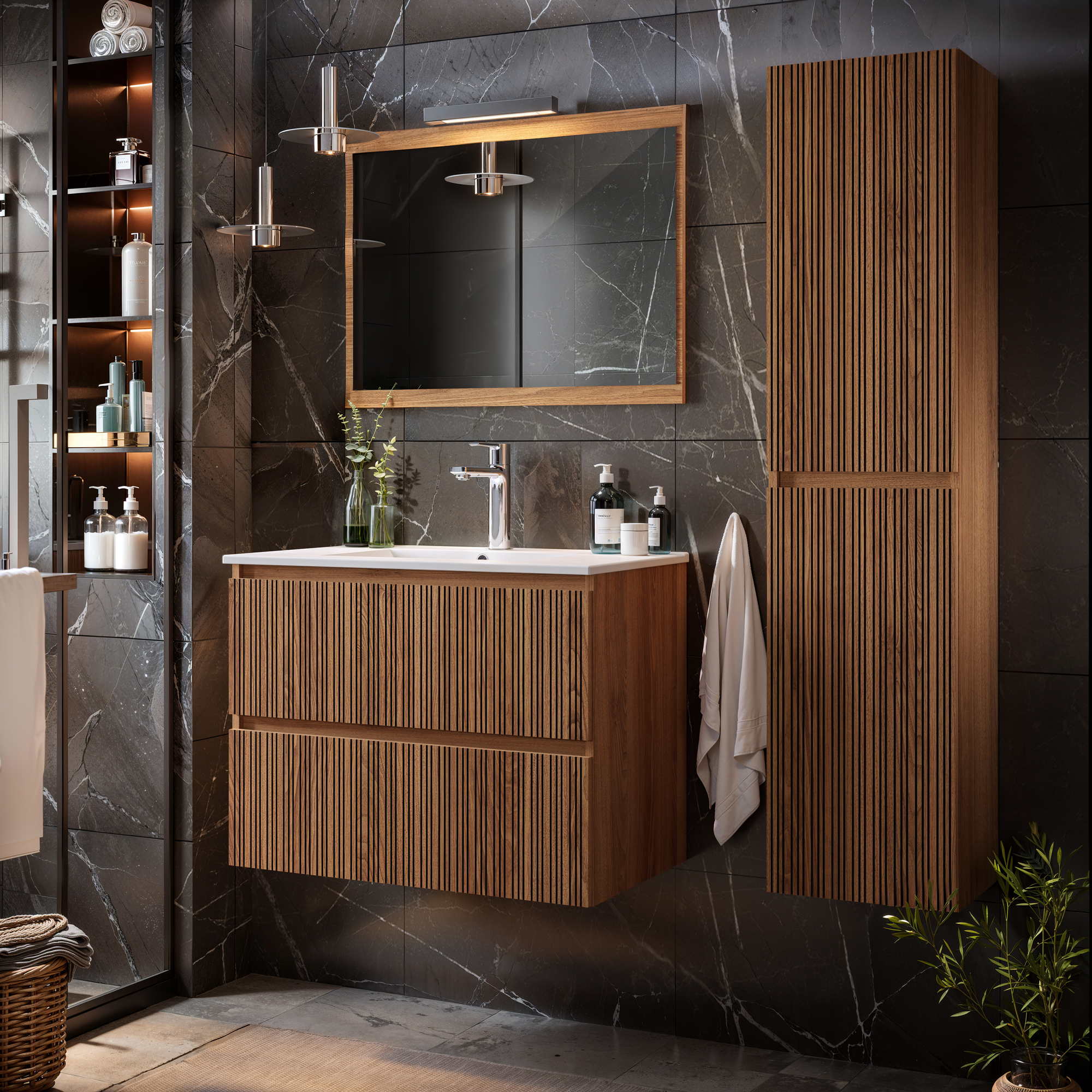 Asime Hoge Badkamerkast 35cm - Okkernoot - Met 2 Deuren - 35x150x30cm