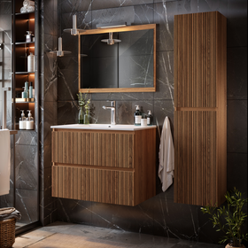 Asime Hoge Badkamerkast 35cm - Okkernoot - Met 2 Deuren - 35x150x30cm