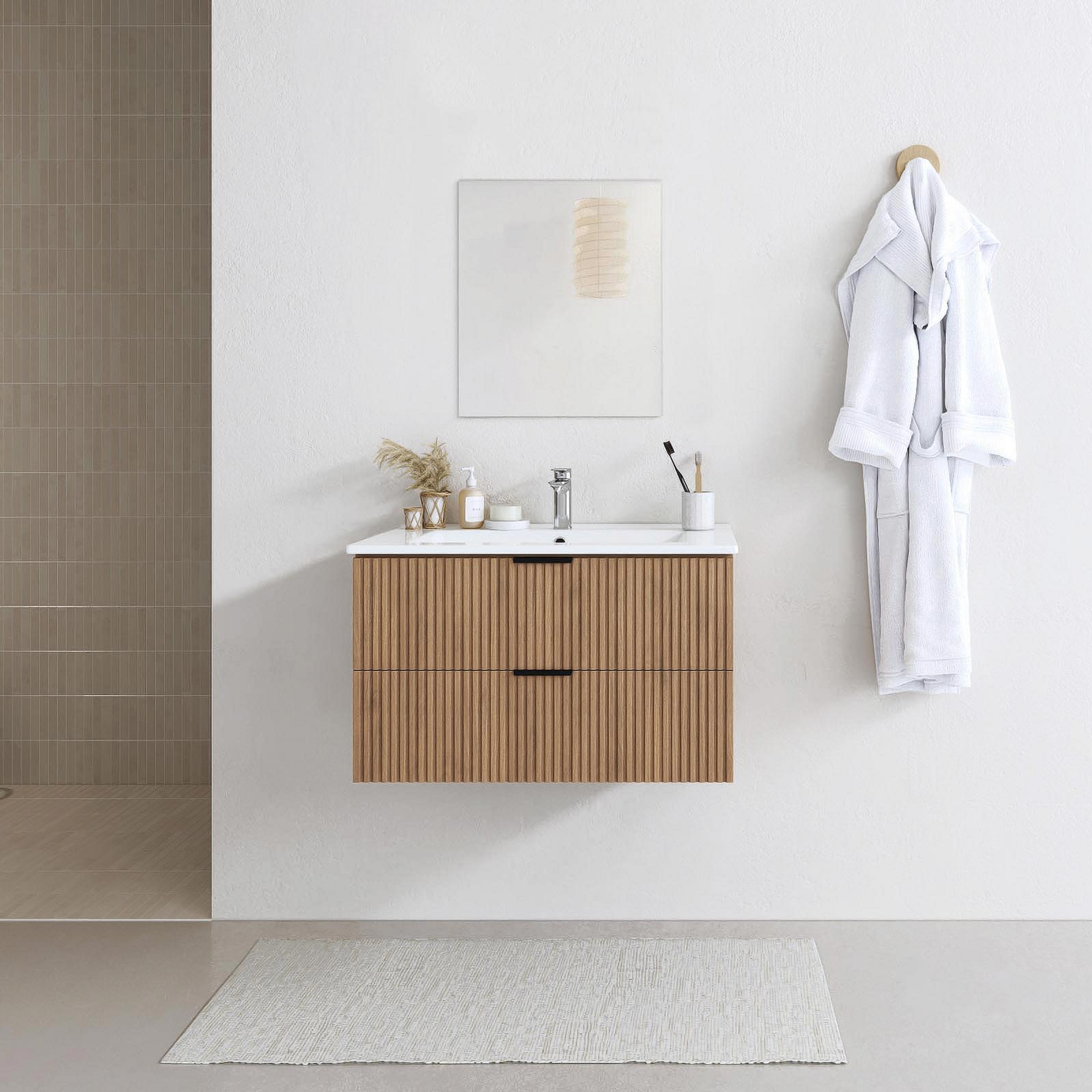 Aurlane Badmeubelset Amelia 60cm - Hout - Met Spiegel en Wastafel - Met 2 Lades - Met Witte Wastafel - 58x46,6x45cm