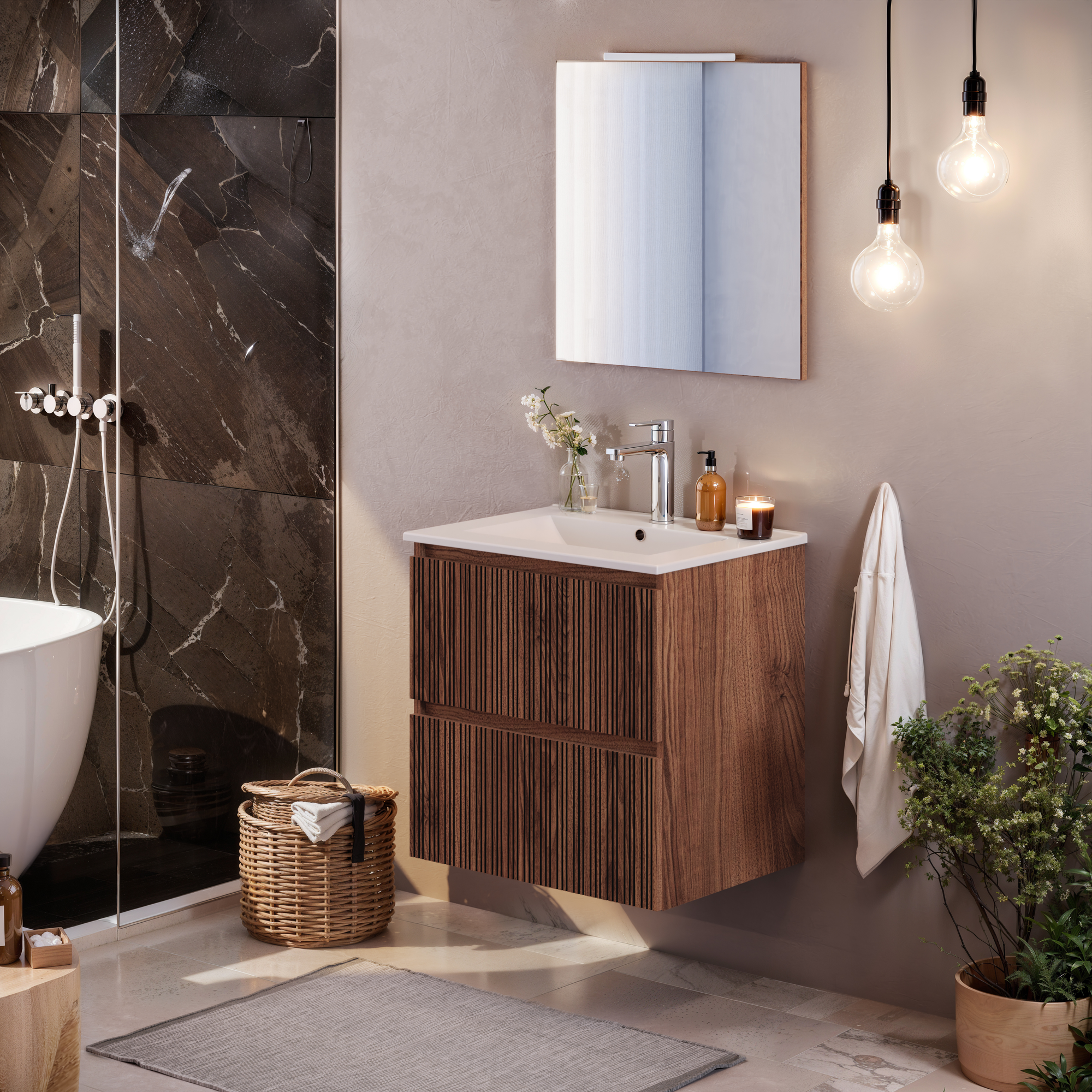 Asime Wastafelonderkast 61cm - Eiken Walnoot Gelakt - Met 2 Lades - 61x68x47cm