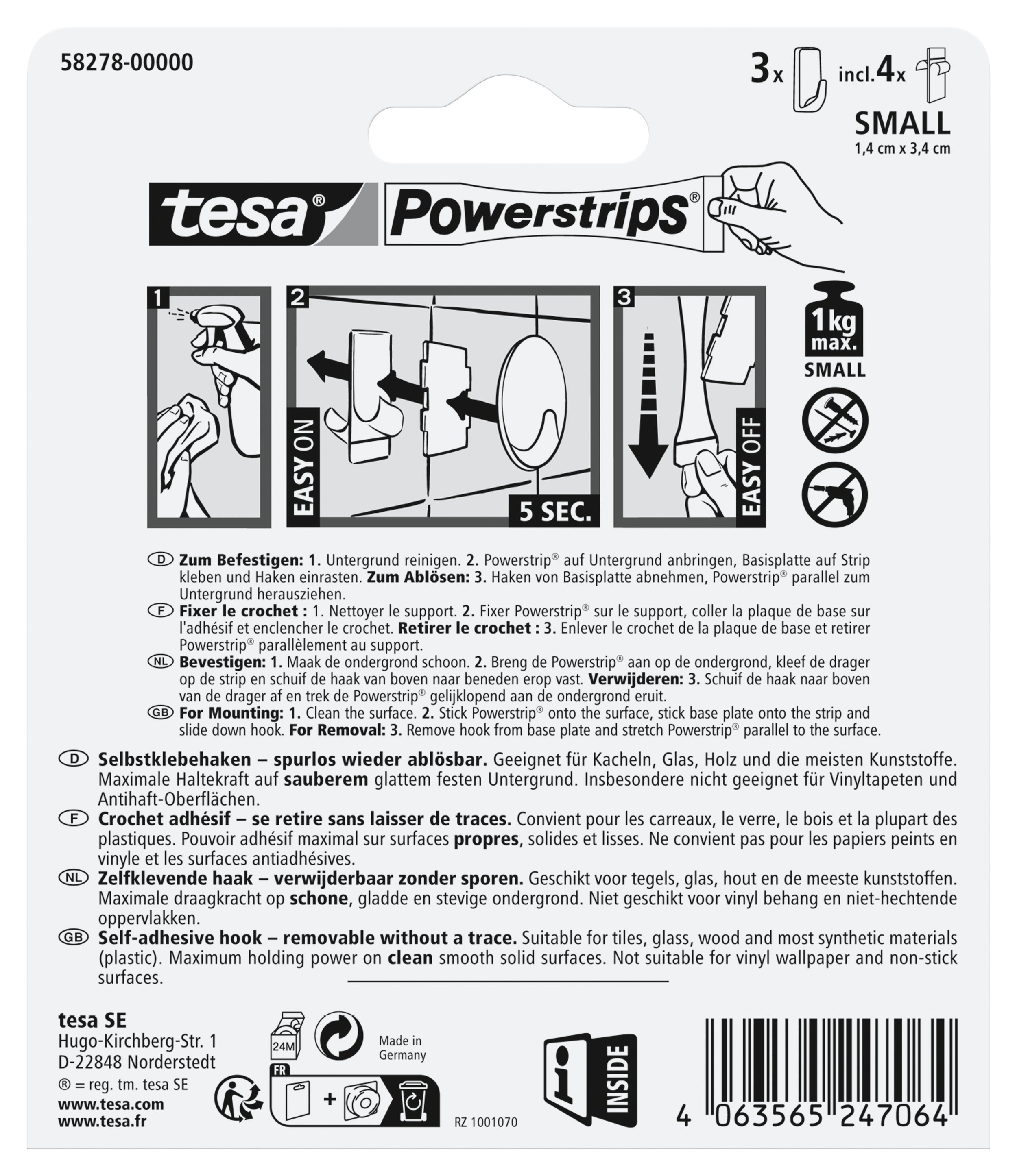 tesa Powerstrips zwart rechthoekig Haken 3pcs klein 1kg