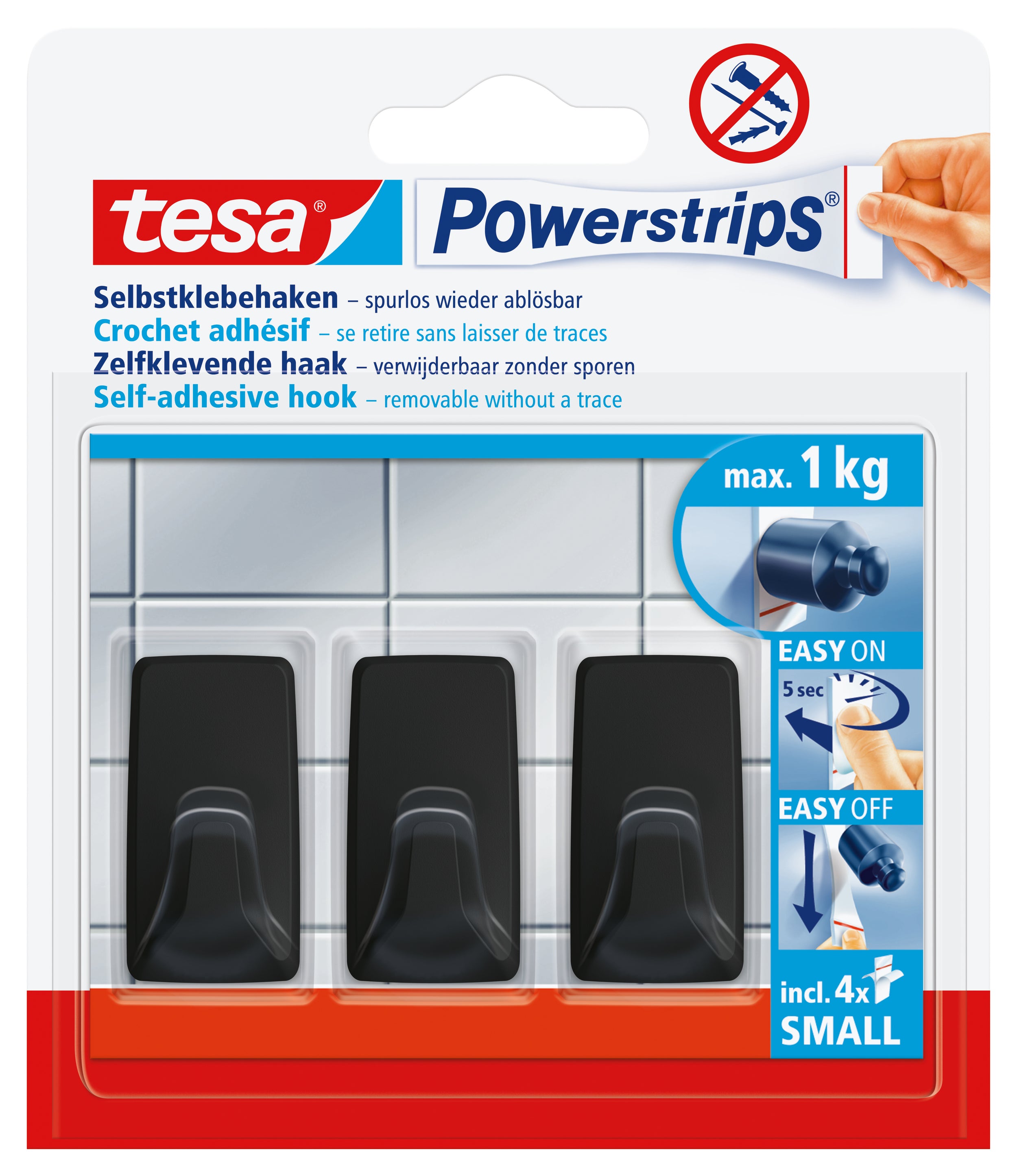 tesa Powerstrips zwart rechthoekig Haken 3pcs klein 1kg